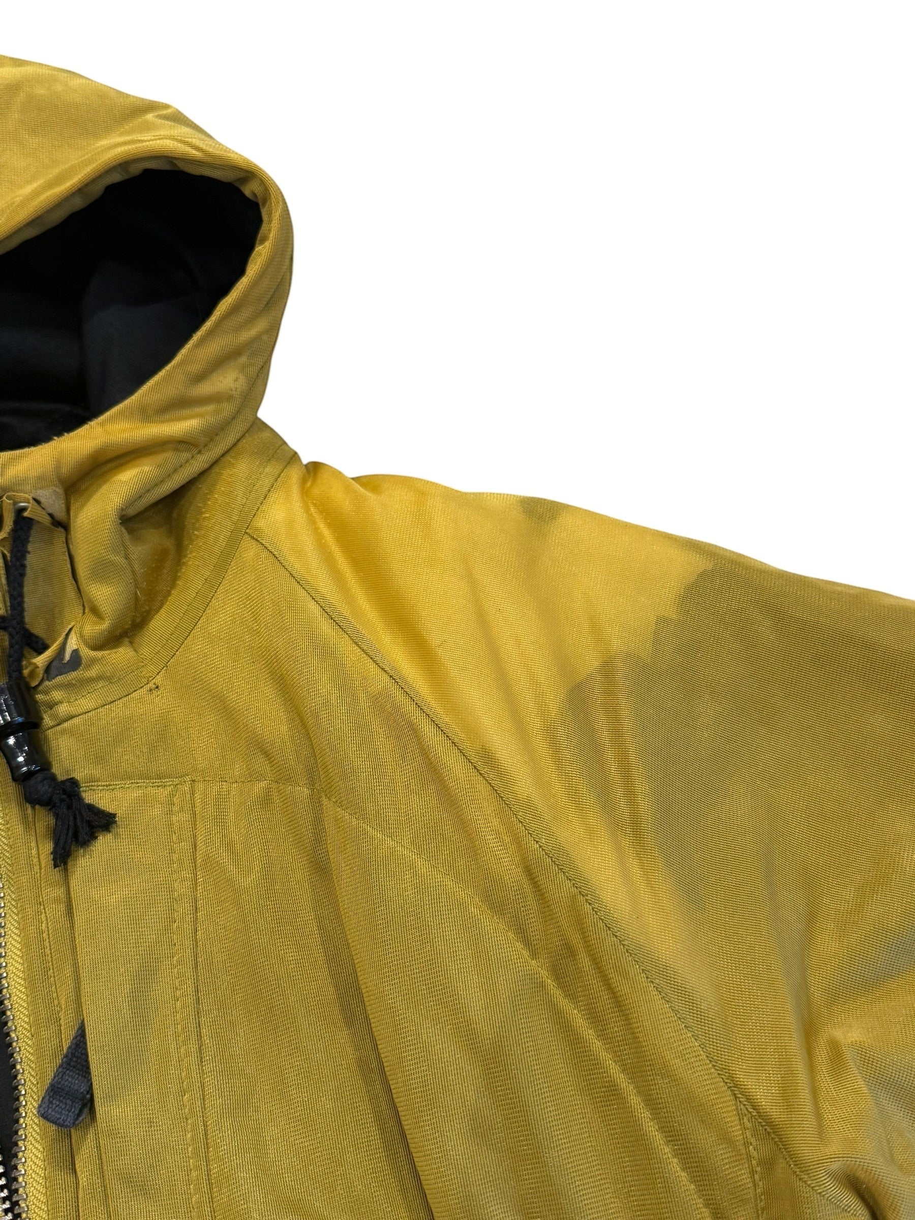 Archive No. 9 vintage yellow Stone Island down-filled jacket, size Large, with hood and zip detail.