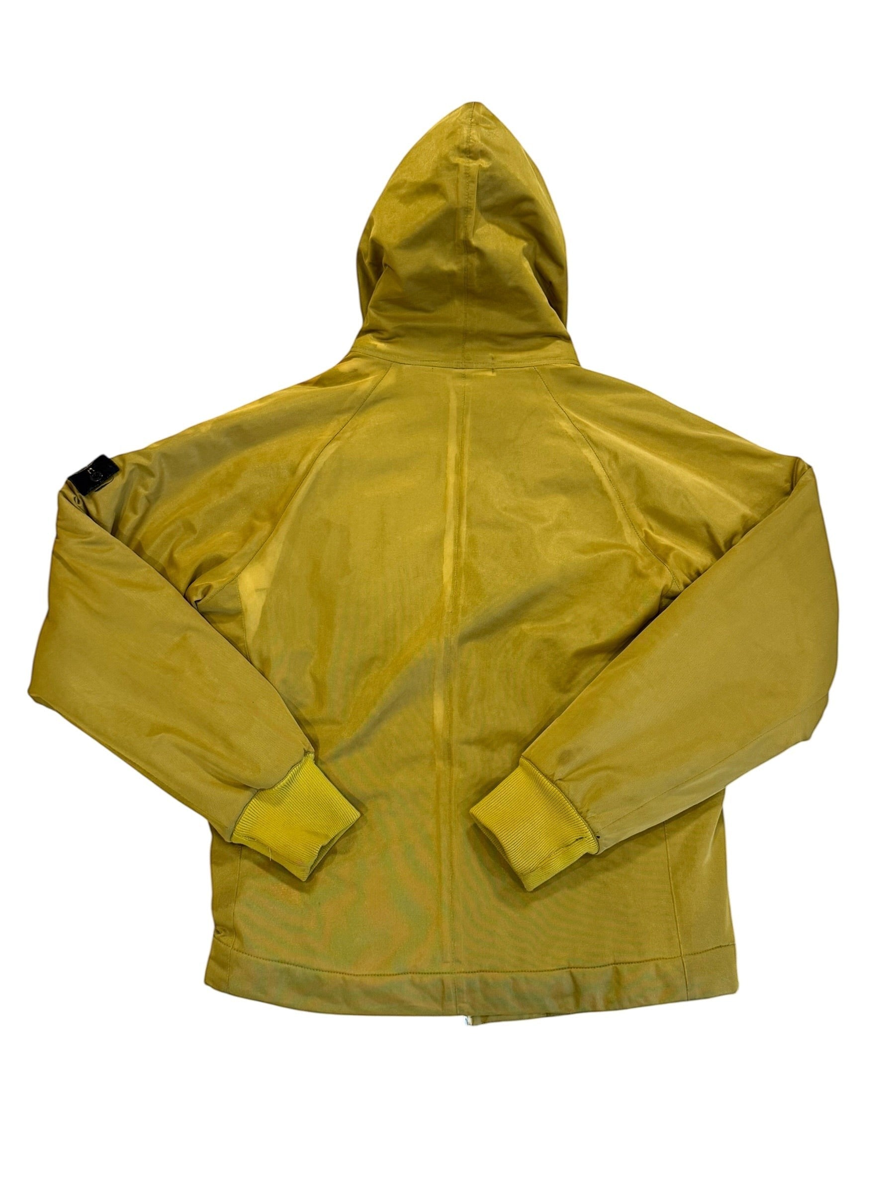 Archive No. 9 vintage yellow Stone Island down-filled hooded jacket, size Large. Breathable construction.