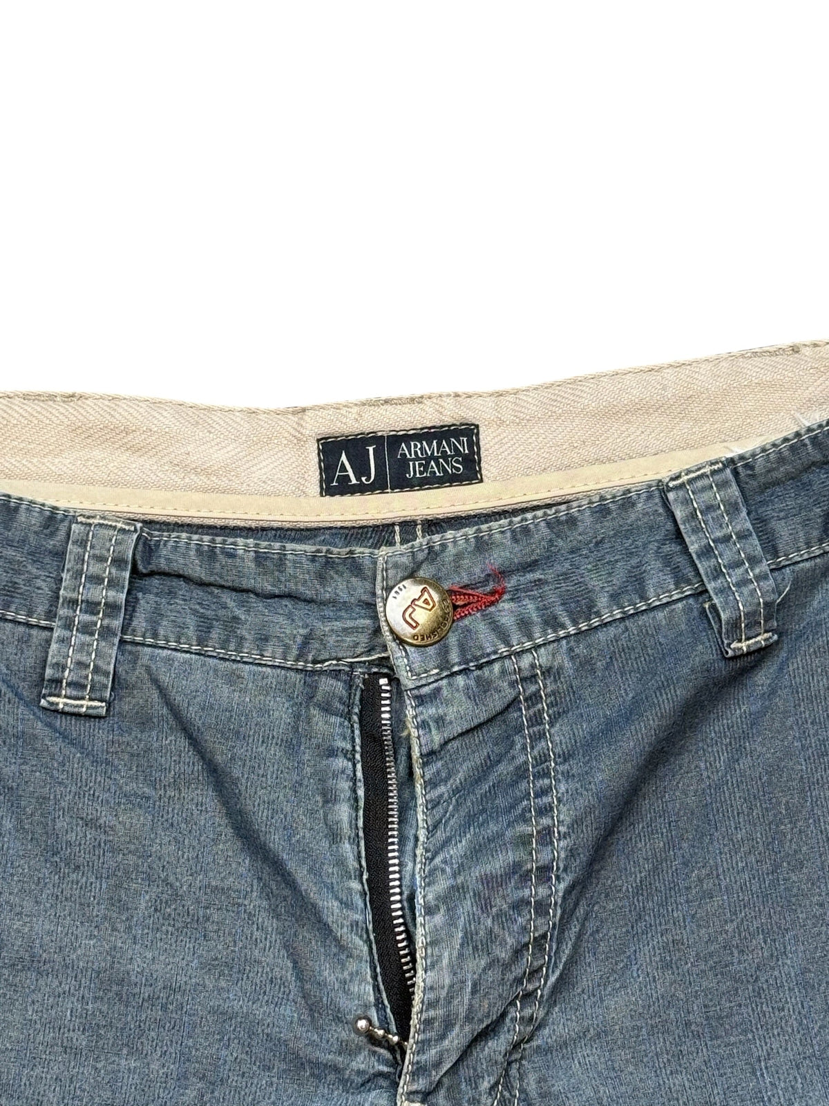 Archive No.9 vintage Armani Jeans denim shorts in navy blue with a branded metal button and interior waist label