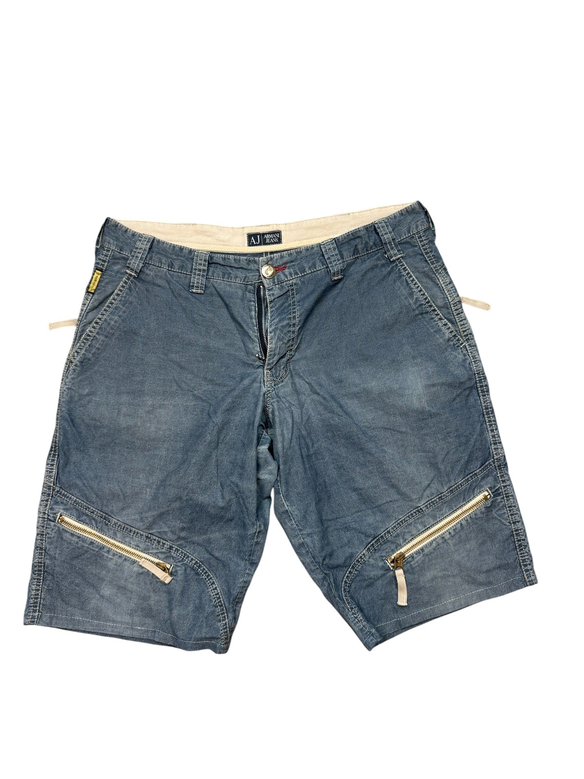 Archive No.9 vintage Armani navy blue cotton denim shorts with front zip pockets and silver branding details