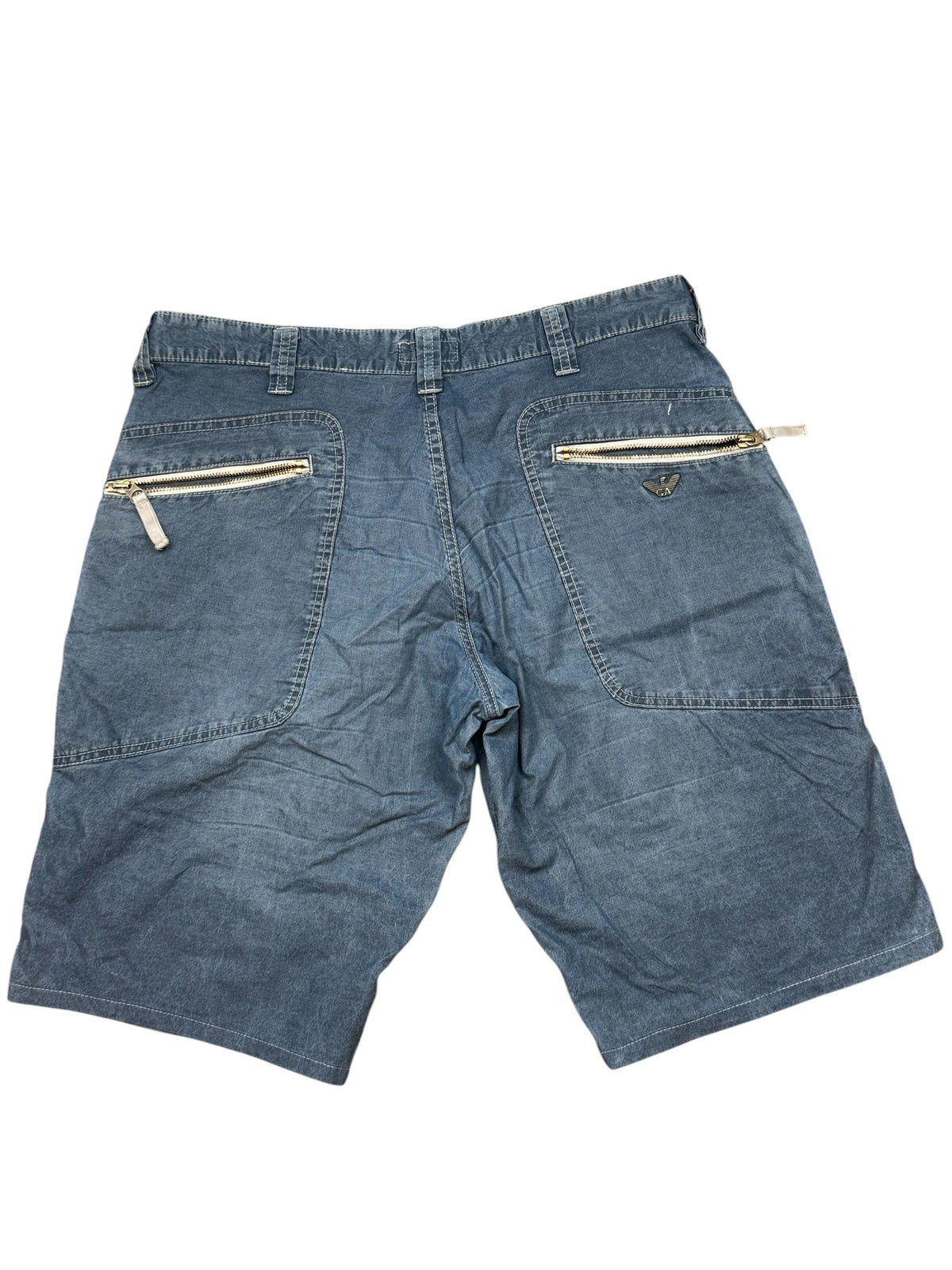Archive No.9 vintage navy Armani denim shorts with zippered back pockets and silver designer badge