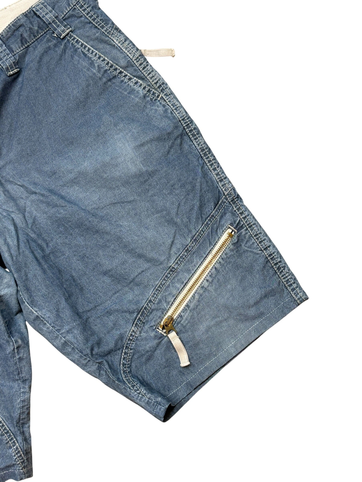 Archive No.9 vintage Armani navy blue cotton denim shorts with a side zipper pocket and contrast stitching