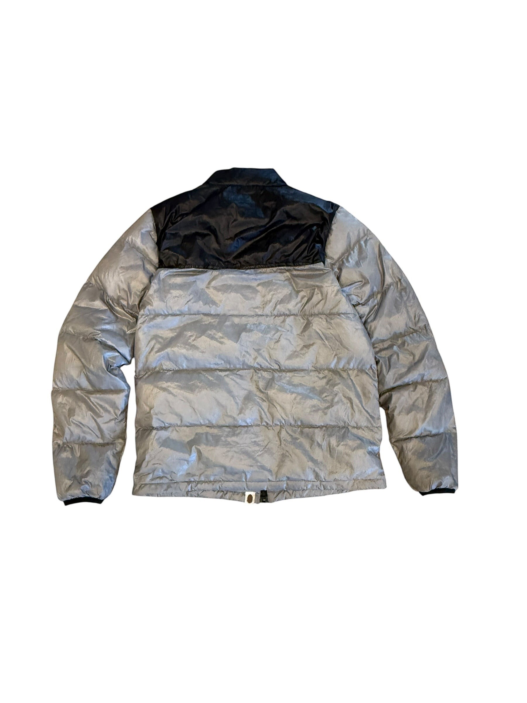 Archive No. 9 A Bathing Ape grey and black down-filled puffer jacket, size Small. Lightweight and wind-resistant.