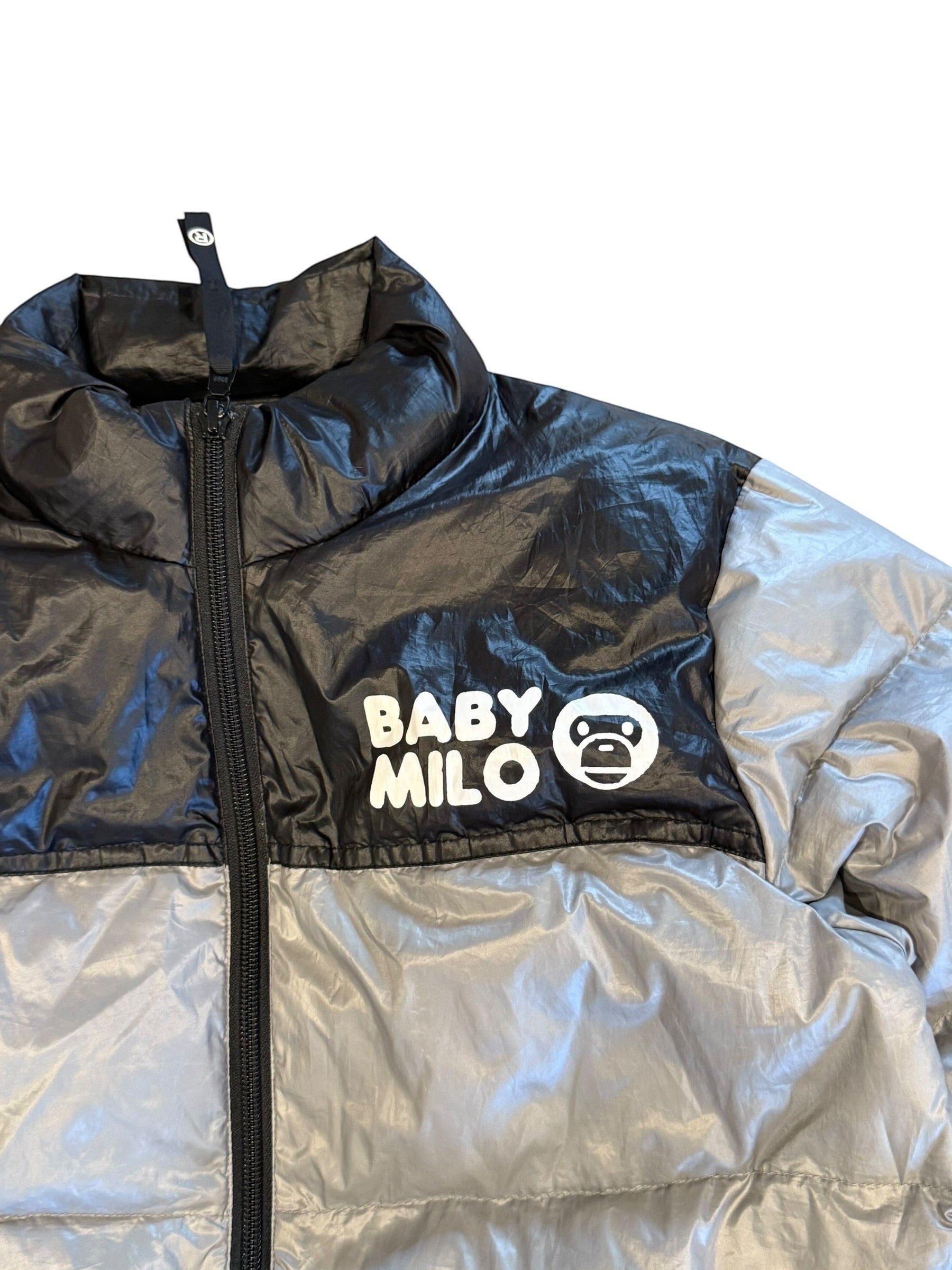Archive No. 9 grey and black A Bathing Ape puffer jacket with Baby Milo logo, size Small. Down filled and wind-resistant.