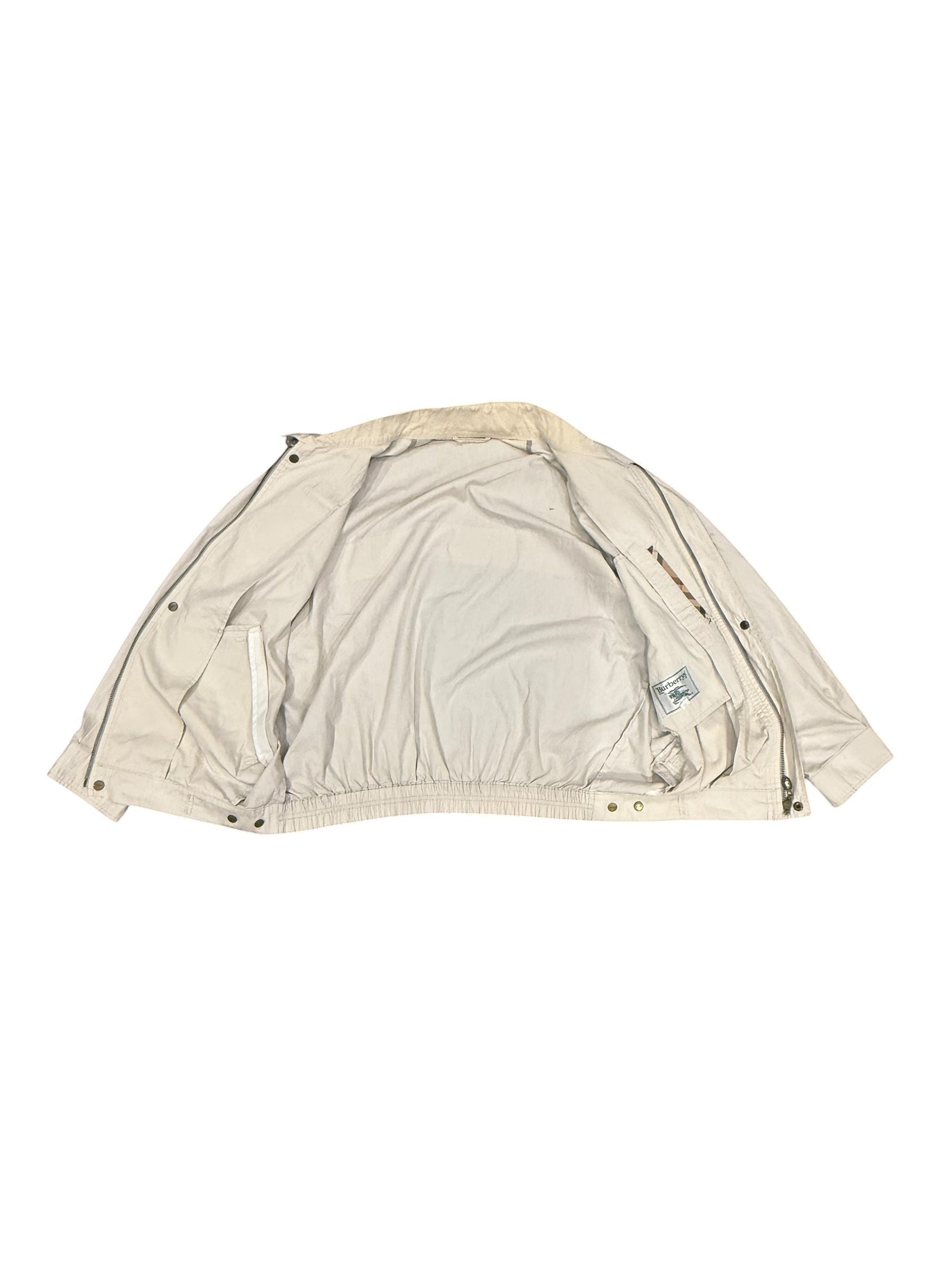 Archive No. 9 beige vintage Burberry bomber jacket, lightweight, breathable, size Small. Features a classic Burberry label.
