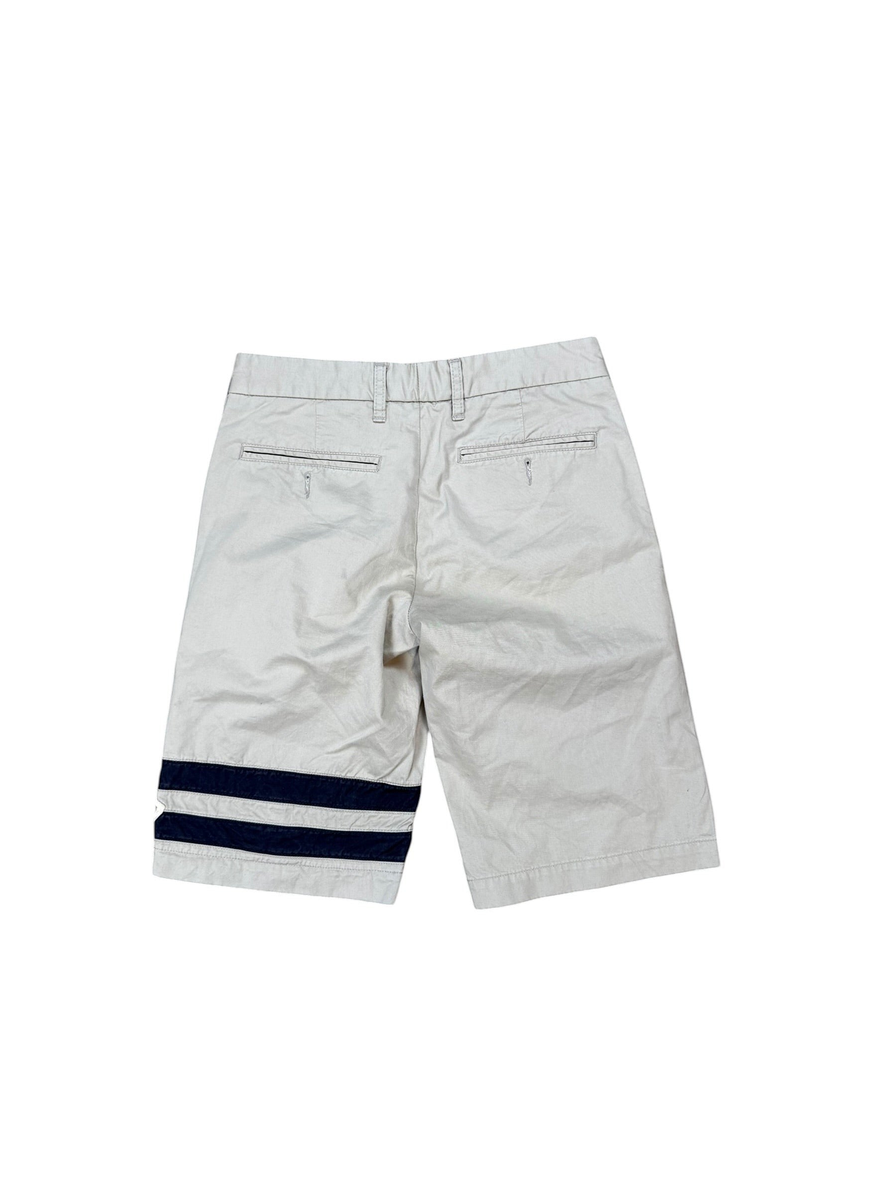 Archive No. 9 beige 100% cotton shorts with navy stripes on the leg, size XS.