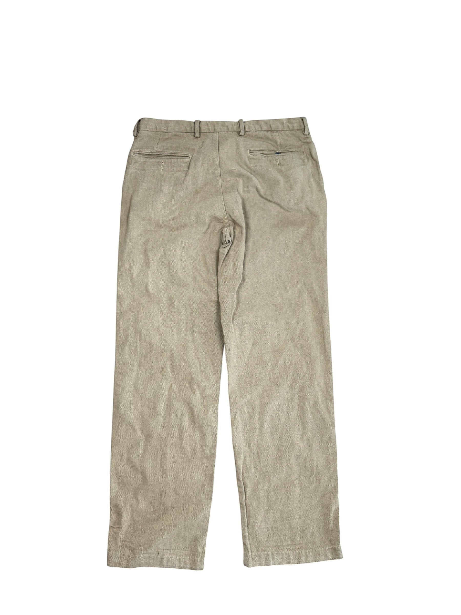 Archive No.9 2000s beige woven denim straight leg trousers with button-up pockets and vintage styling. Size W32.