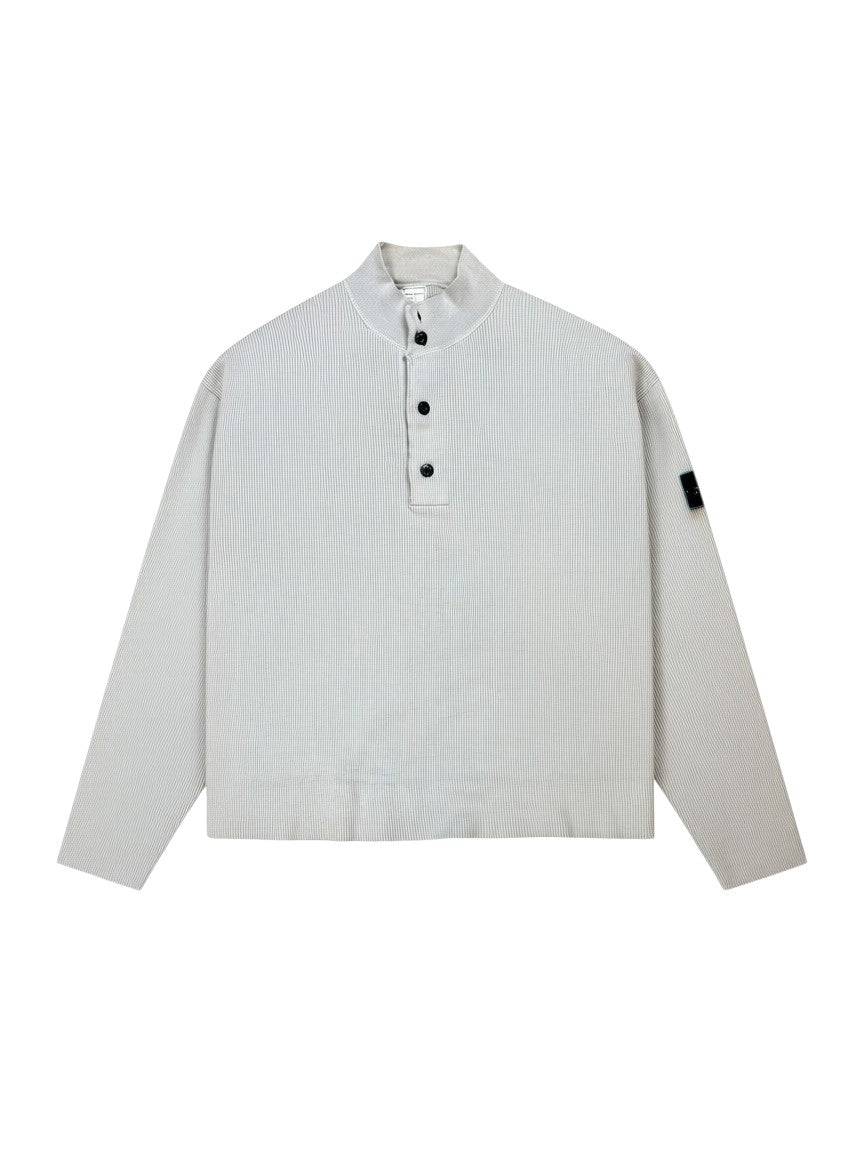 Archive No. 9 beige 100% cotton Stone Island quarter button-up knit jumper with green edge badge, size XL.