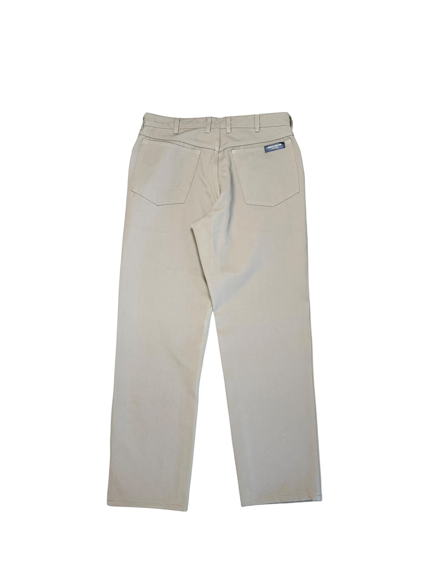 Archive No. 9 beige Stone Island 1996 Marina trousers with leather patch, size W36, straight cut fit.