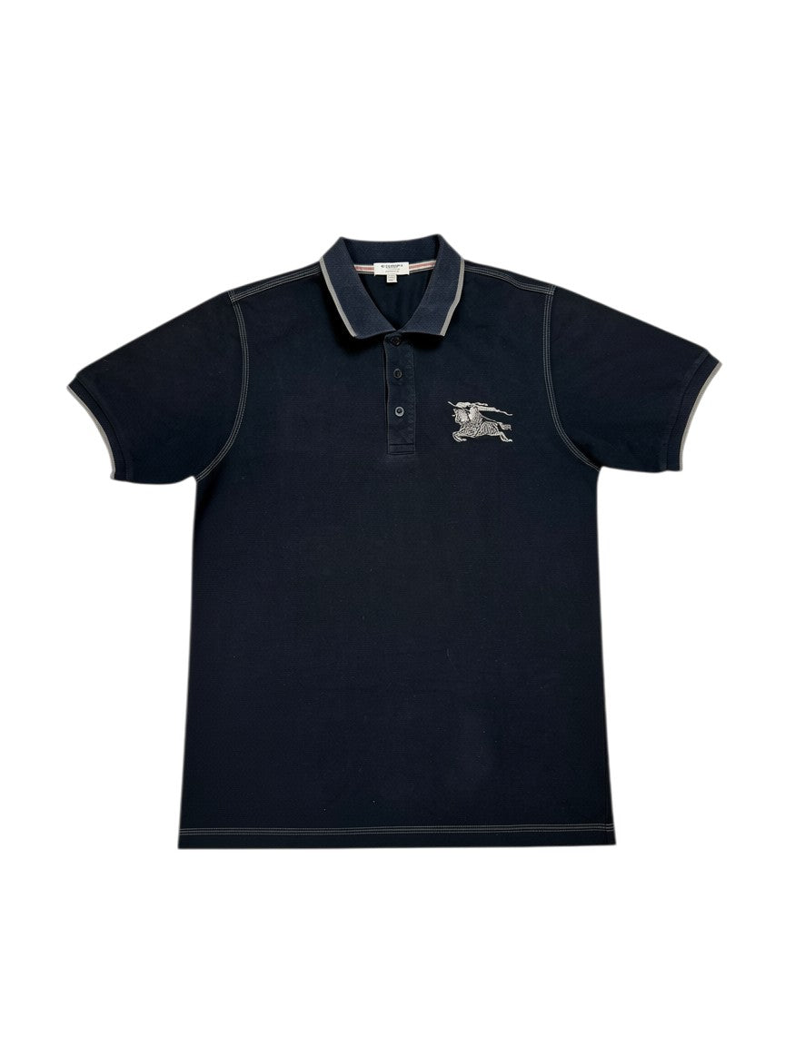 Archive No. 9 black 100% cotton Burberry polo shirt with embroidered logo on chest and contrast stitching. Size M.
