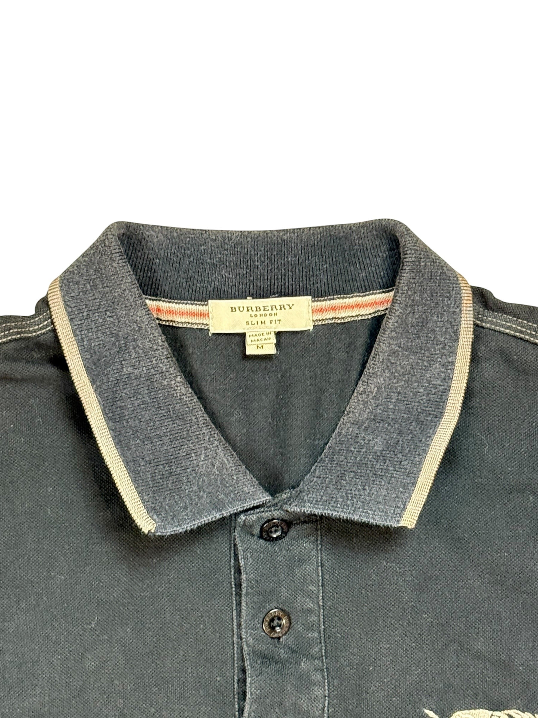 Archive No. 9 black Burberry polo shirt, size M, 100% cotton with embroidered logo on chest and contrast collar.
