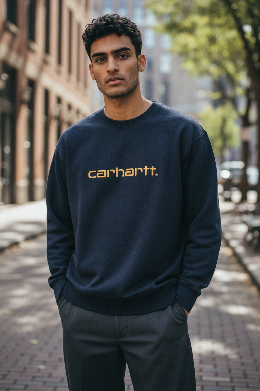 Archive No. 9 black Carhartt Crew Neck sweater with orange logo text on chest, size Small.
