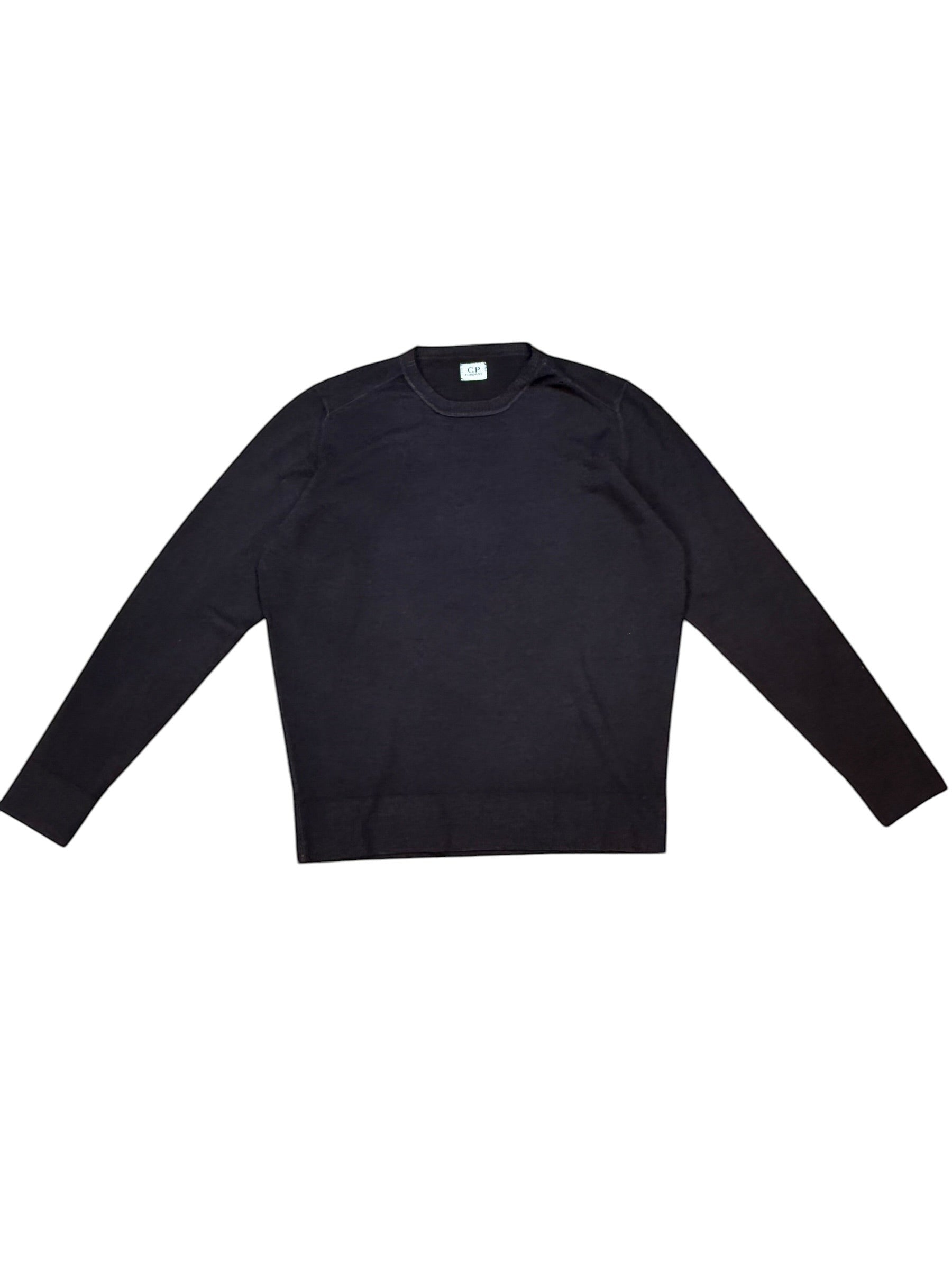 Archive No. 9 black 100% cotton C.P. Company lightweight knit jumper, size M, with a small hole on the front shoulder.