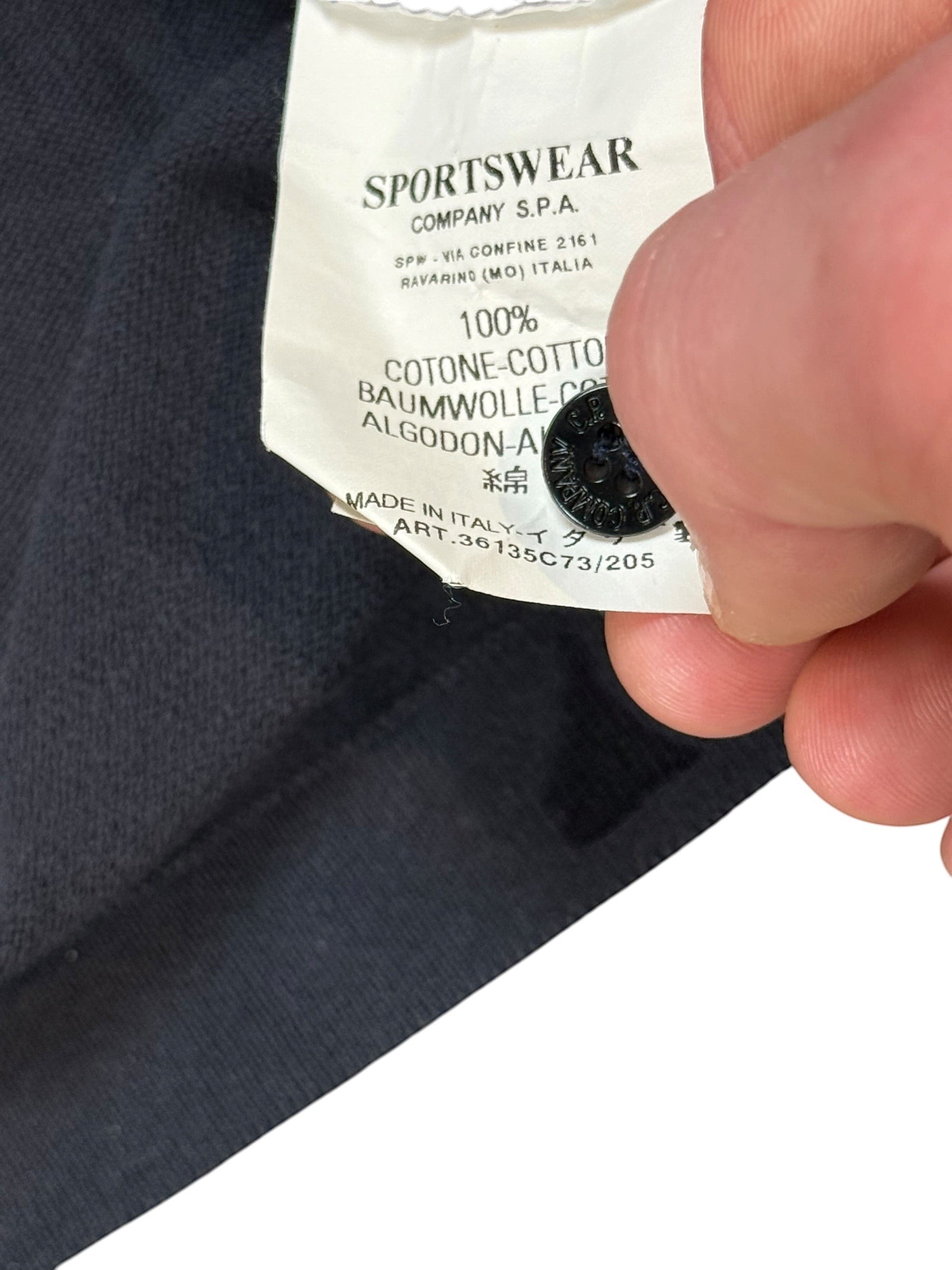 Archive No. 9 vintage black C.P. Company 100% cotton polo shirt with spell-out logo on chest, size M.