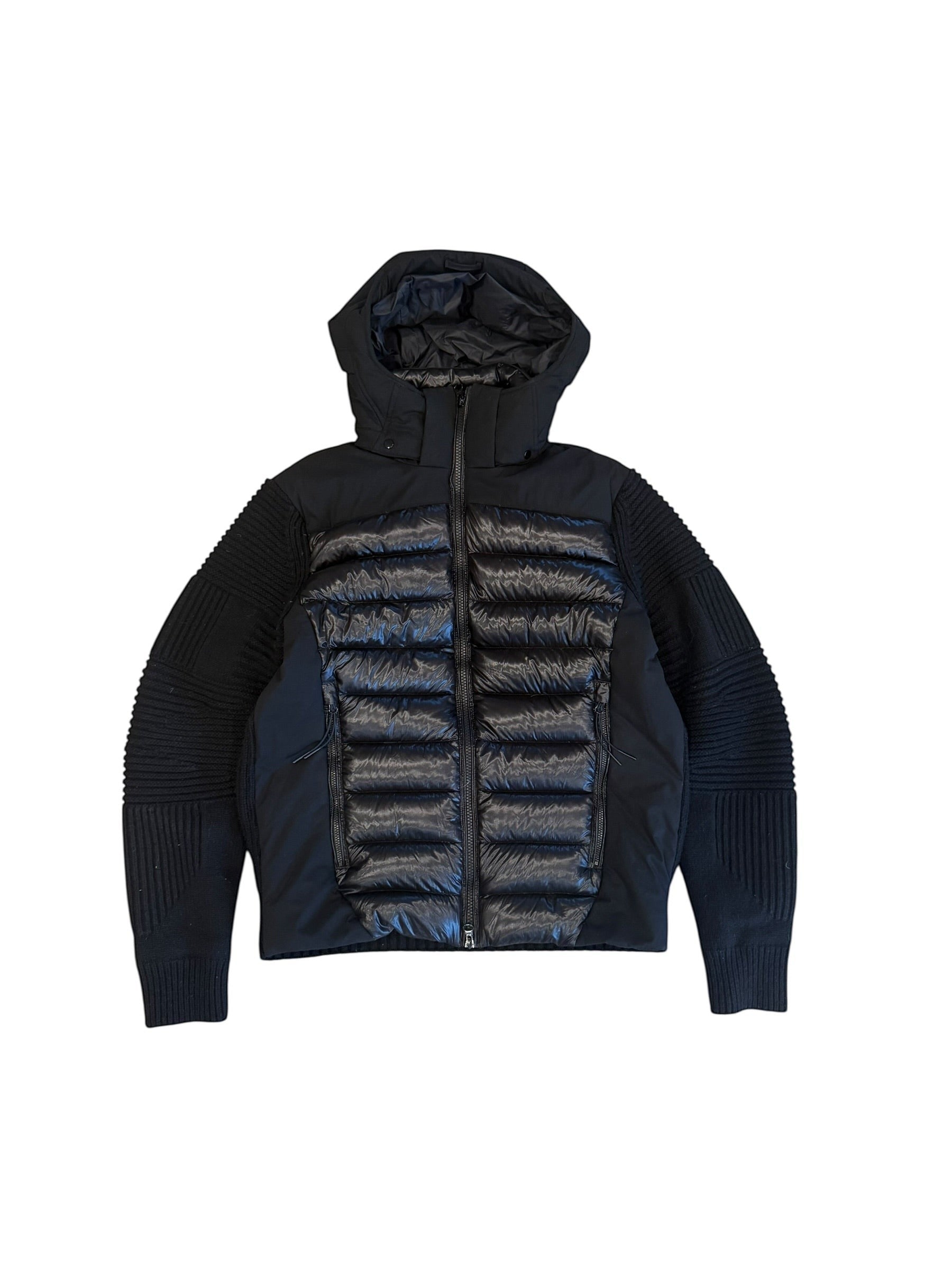 Archive No. 9 black C.P. Company hybrid jacket with puffer front, knitted sleeves, and detachable hood. Medium fit.