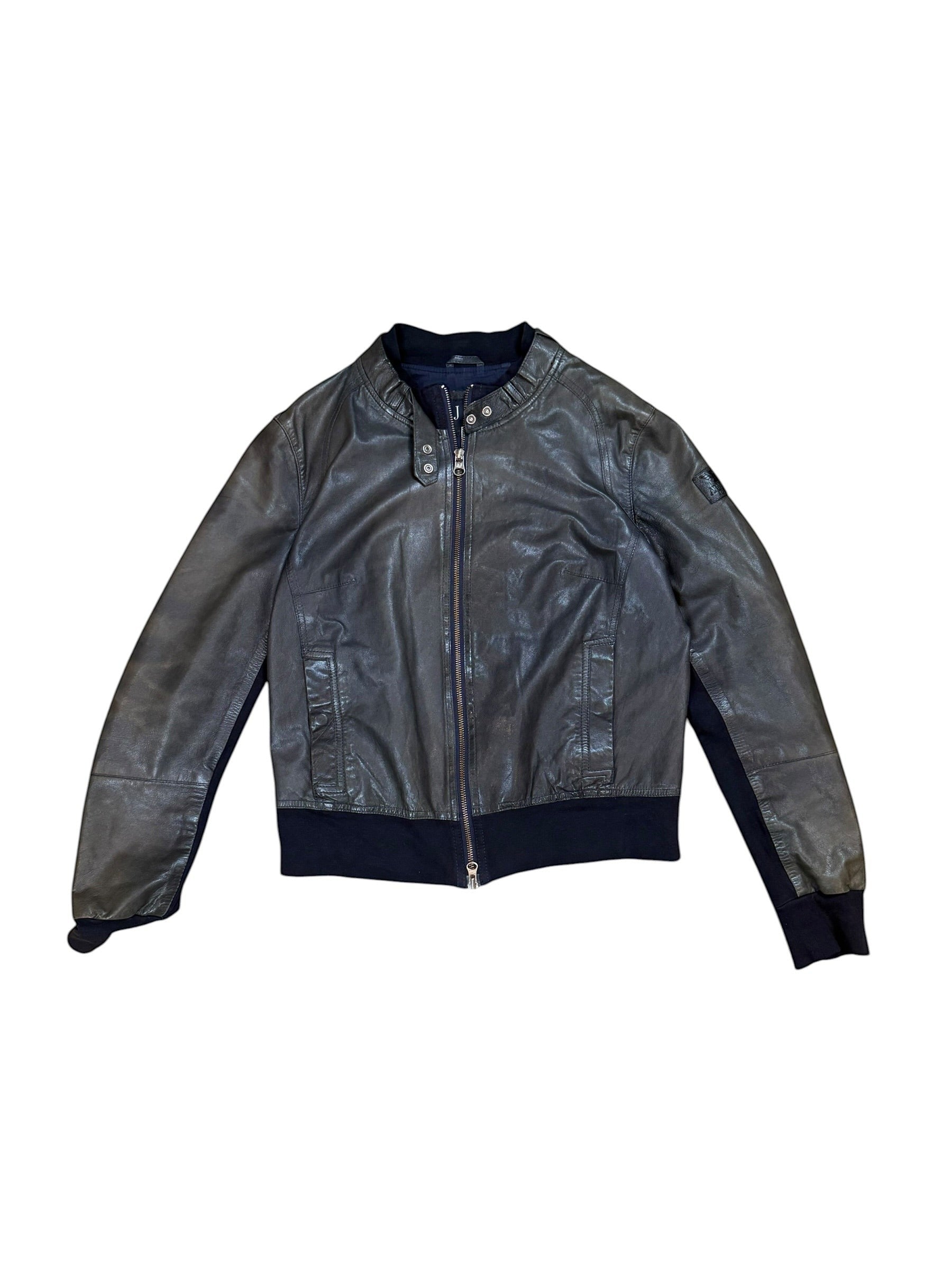 Archive No. 9 vintage black leather bomber jacket, size XS, with ribbed cuffs and hem, zip closure, and a distressed finish.