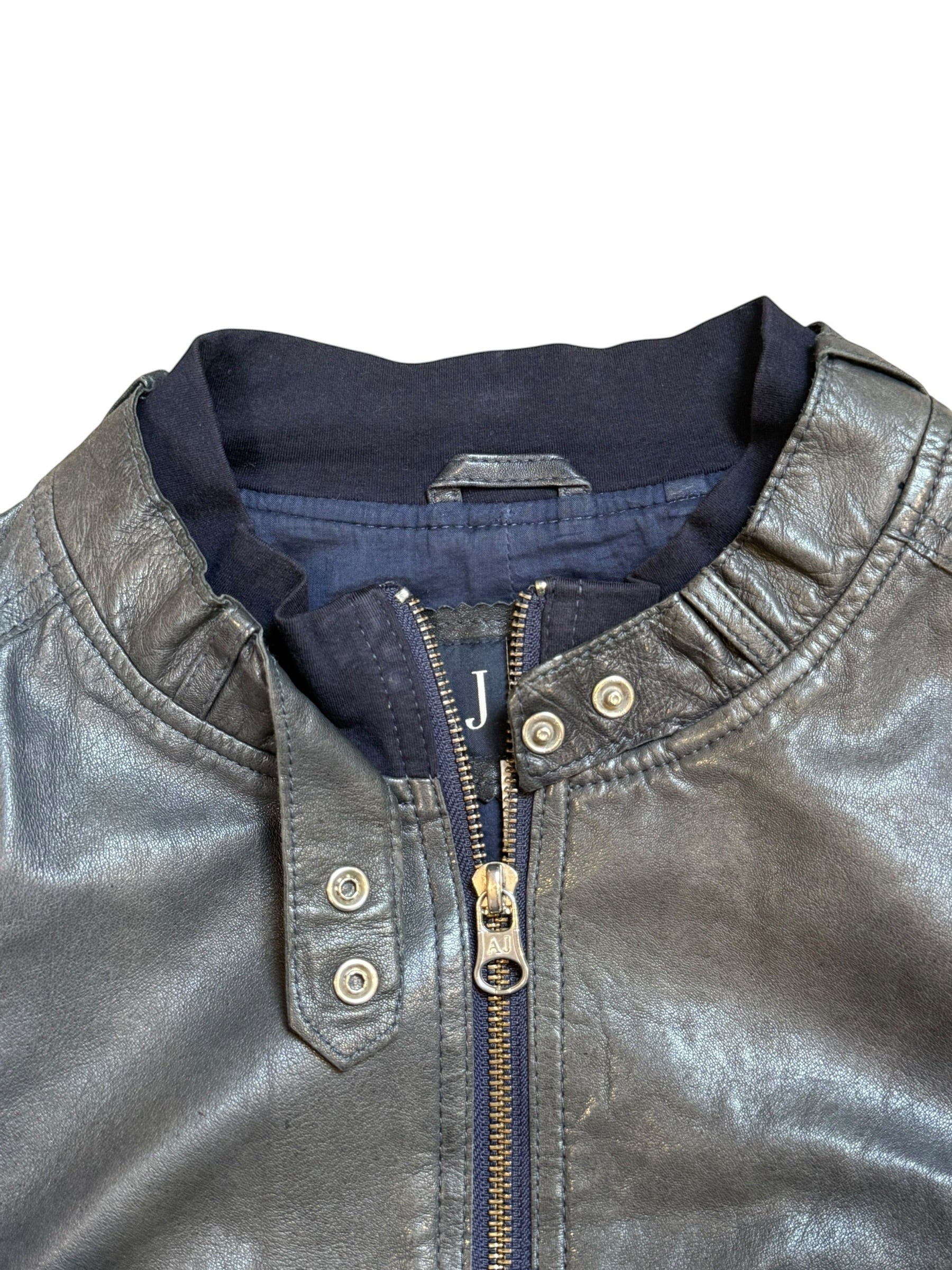 Archive No. 9 vintage black leather bomber jacket, size XS, with zip and snap button details.