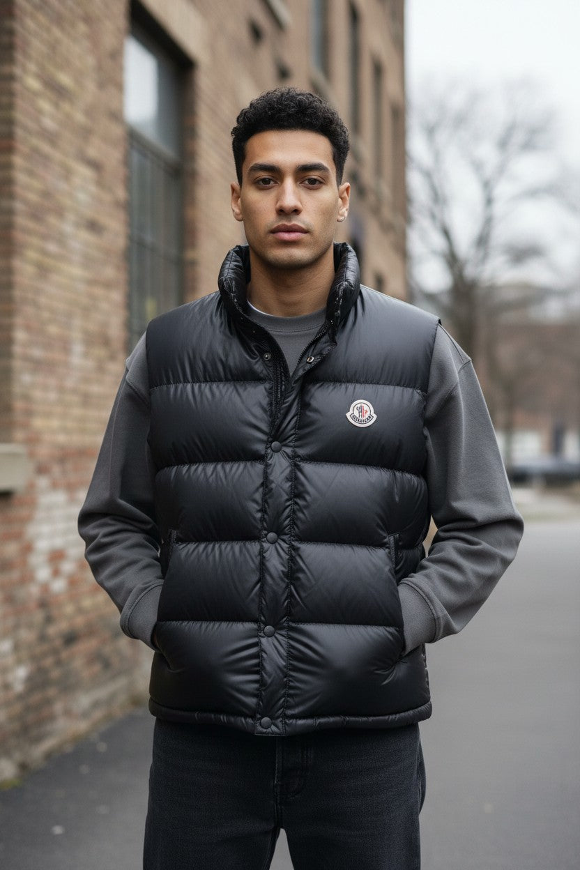 Archive No. 9 black down-filled Moncler body warmer with iconic chest badge, size Medium.