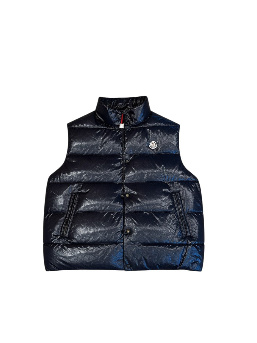 Archive No. 9 black down-filled Moncler gilet, size XL, with zip pockets and iconic logo patch.