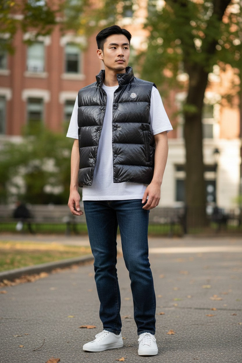 Archive No. 9 black down-filled Moncler gilet, size XL, with signature logo patch and quilted design.