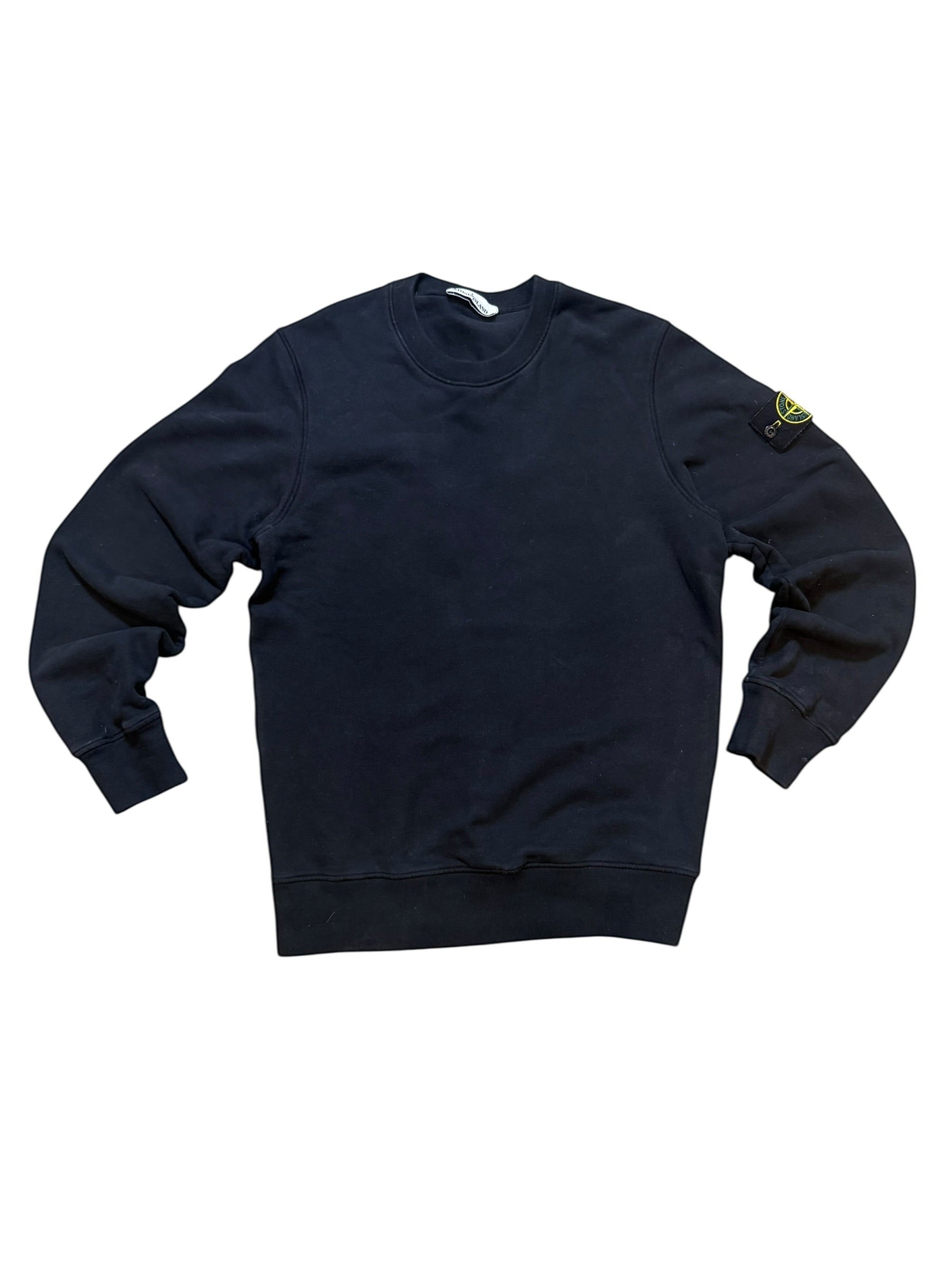 Archive No. 9 black Stone Island Crew Neck sweater, size S, with iconic compass badge on the sleeve and fleeced interior.