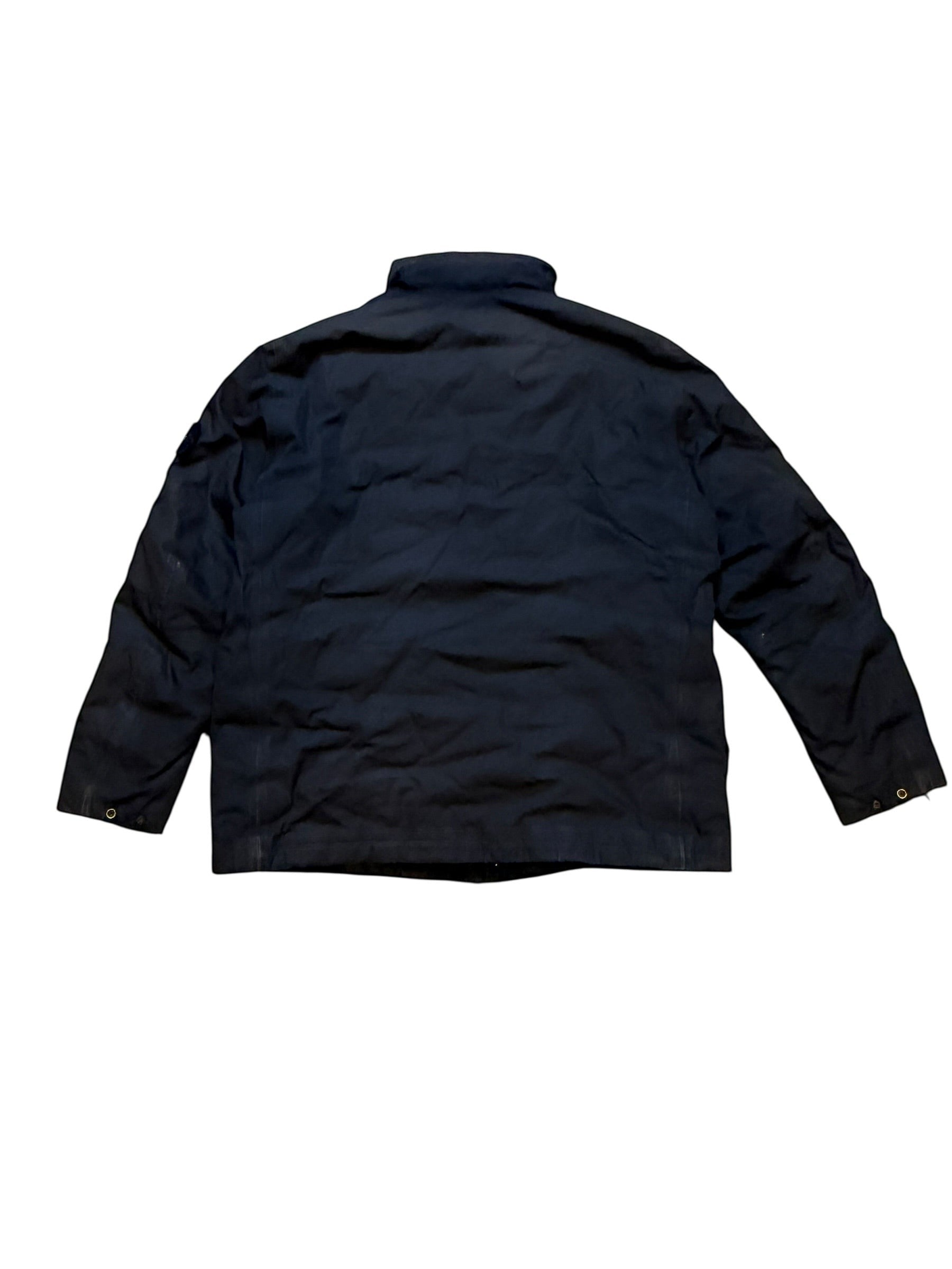 Archive No. 9 black Stone Island down-filled jacket with zip-away hood, water and wind resistant, size XL.