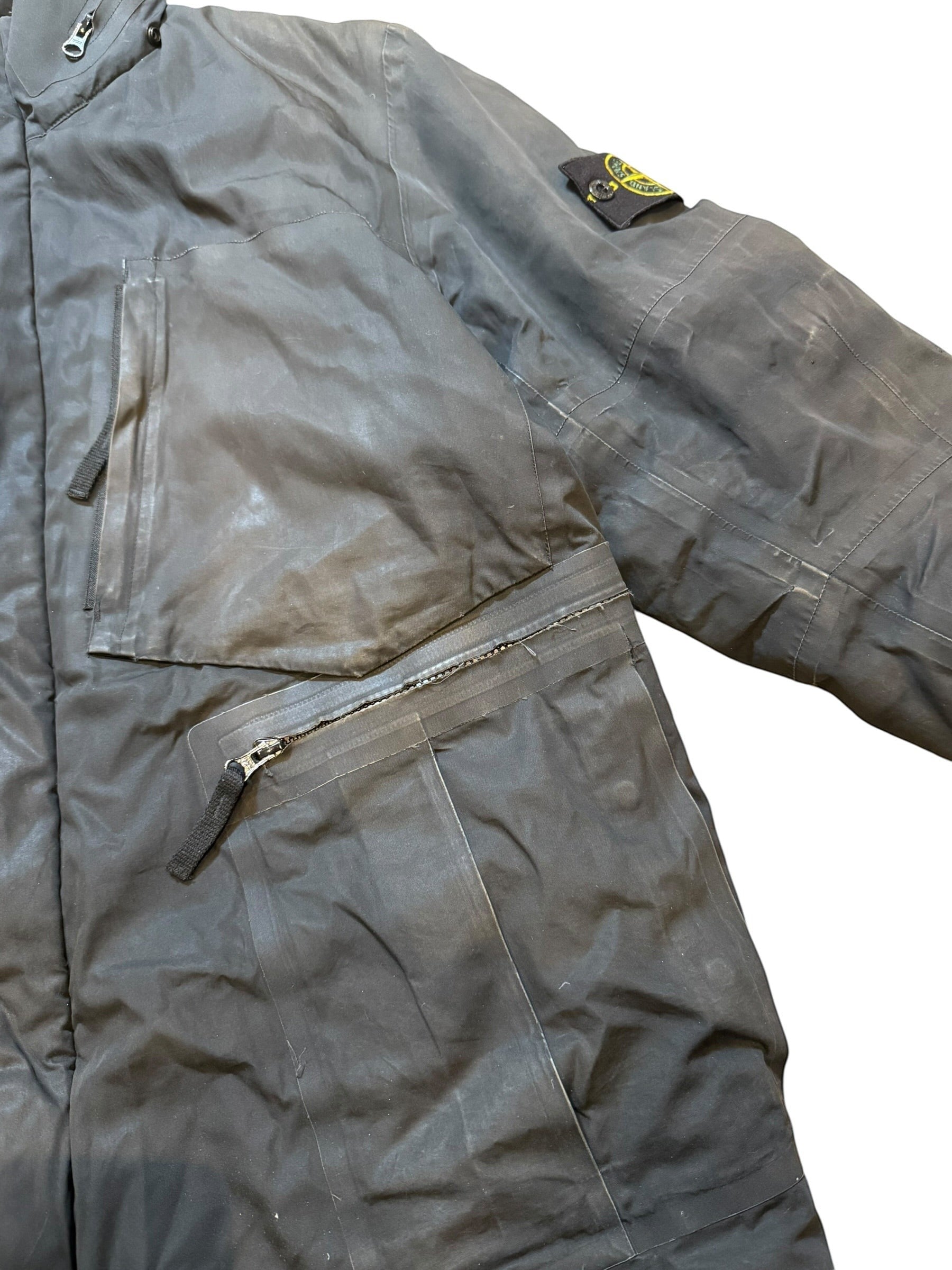 Archive No. 9 black Stone Island down jacket, size XL, with zip-away hood, water and wind resistant. Dated 2008.