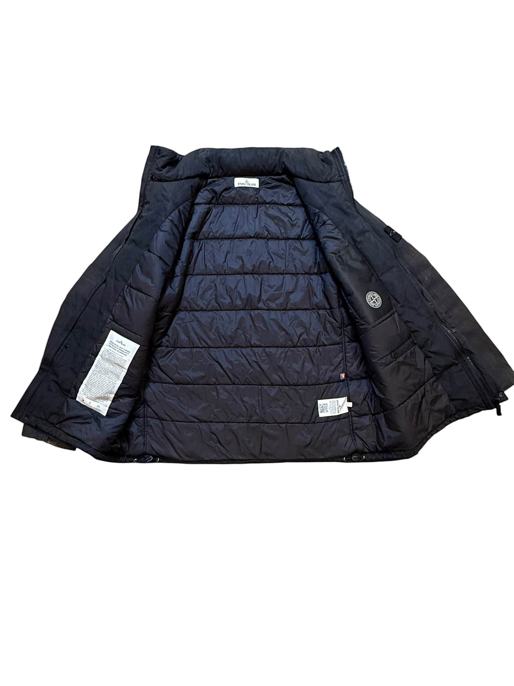 Archive No. 9 black Stone Island down jacket with zip-away hood, water and wind resistant, size XL.