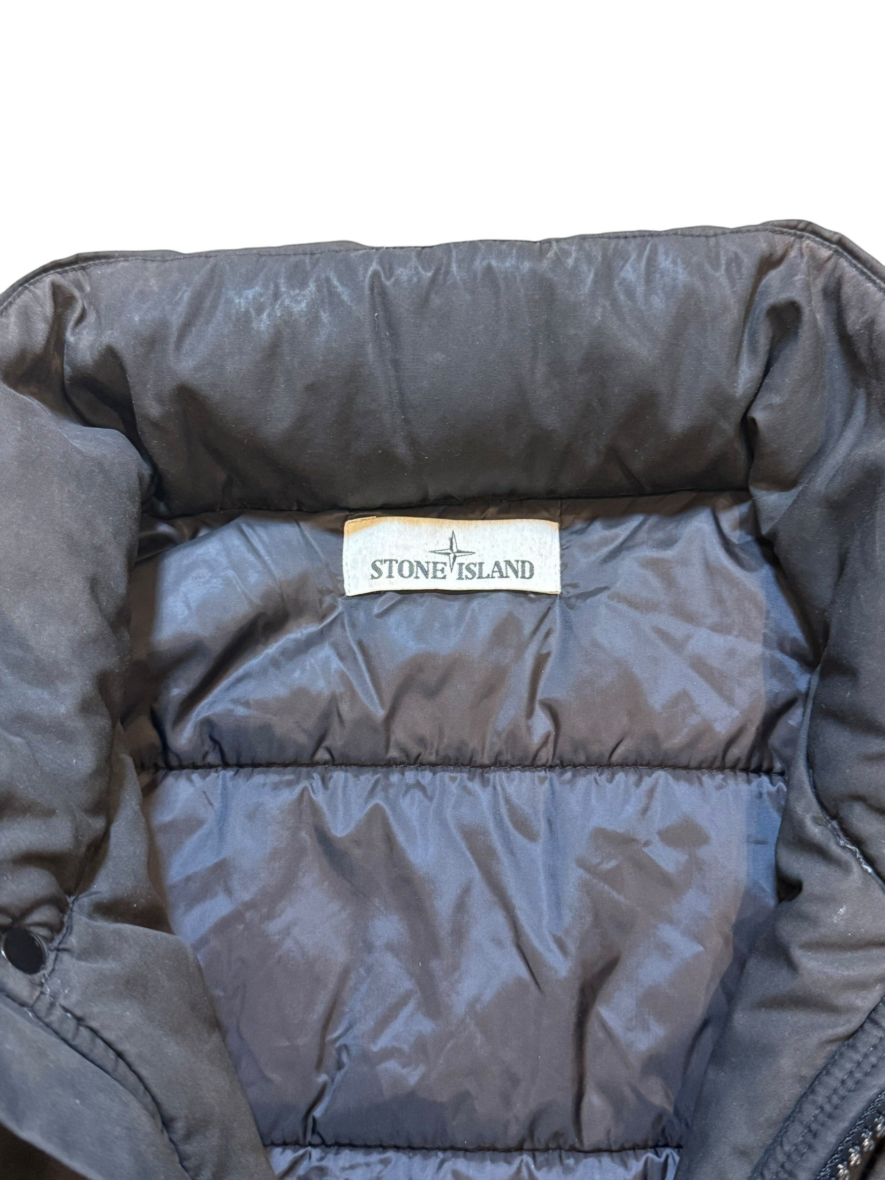 Archive No. 9 black Stone Island down jacket with zip-away hood, size XL. Water and wind resistant.