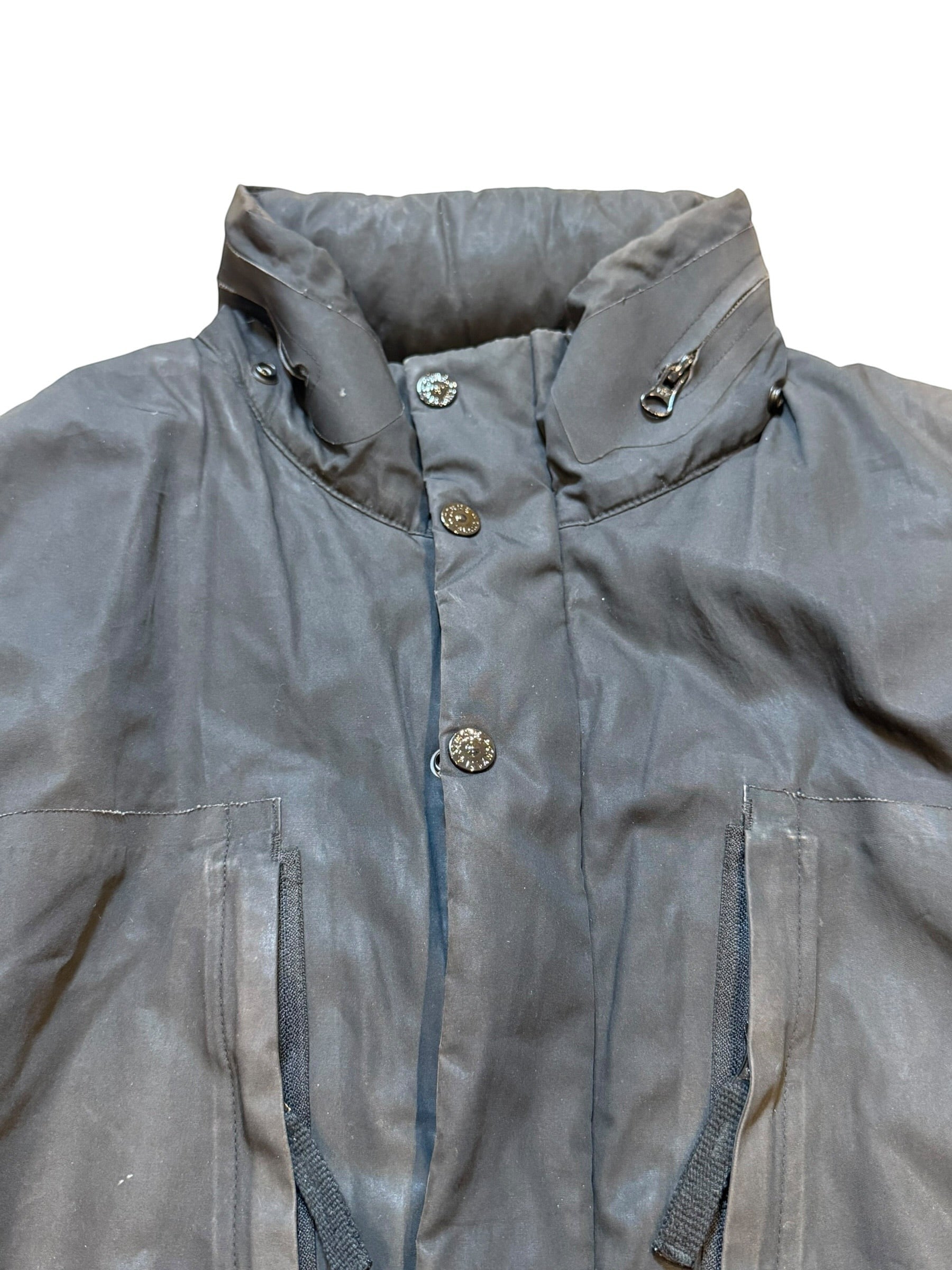 Archive No. 9 black Stone Island down jacket with zip-away hood, water and wind resistant, size XL.