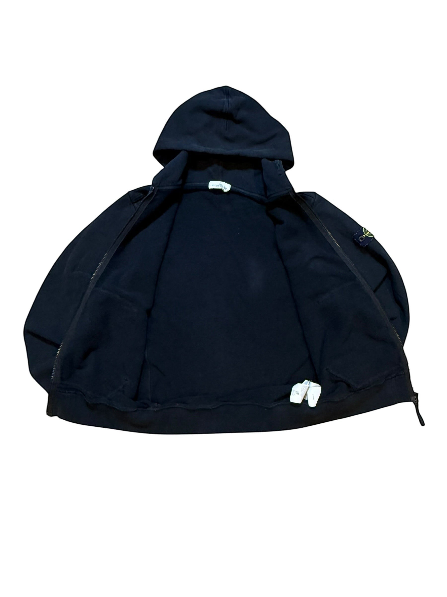 Archive No. 9 black Stone Island zip-up hoodie with compass badge on sleeve, fleeced interior, size S.