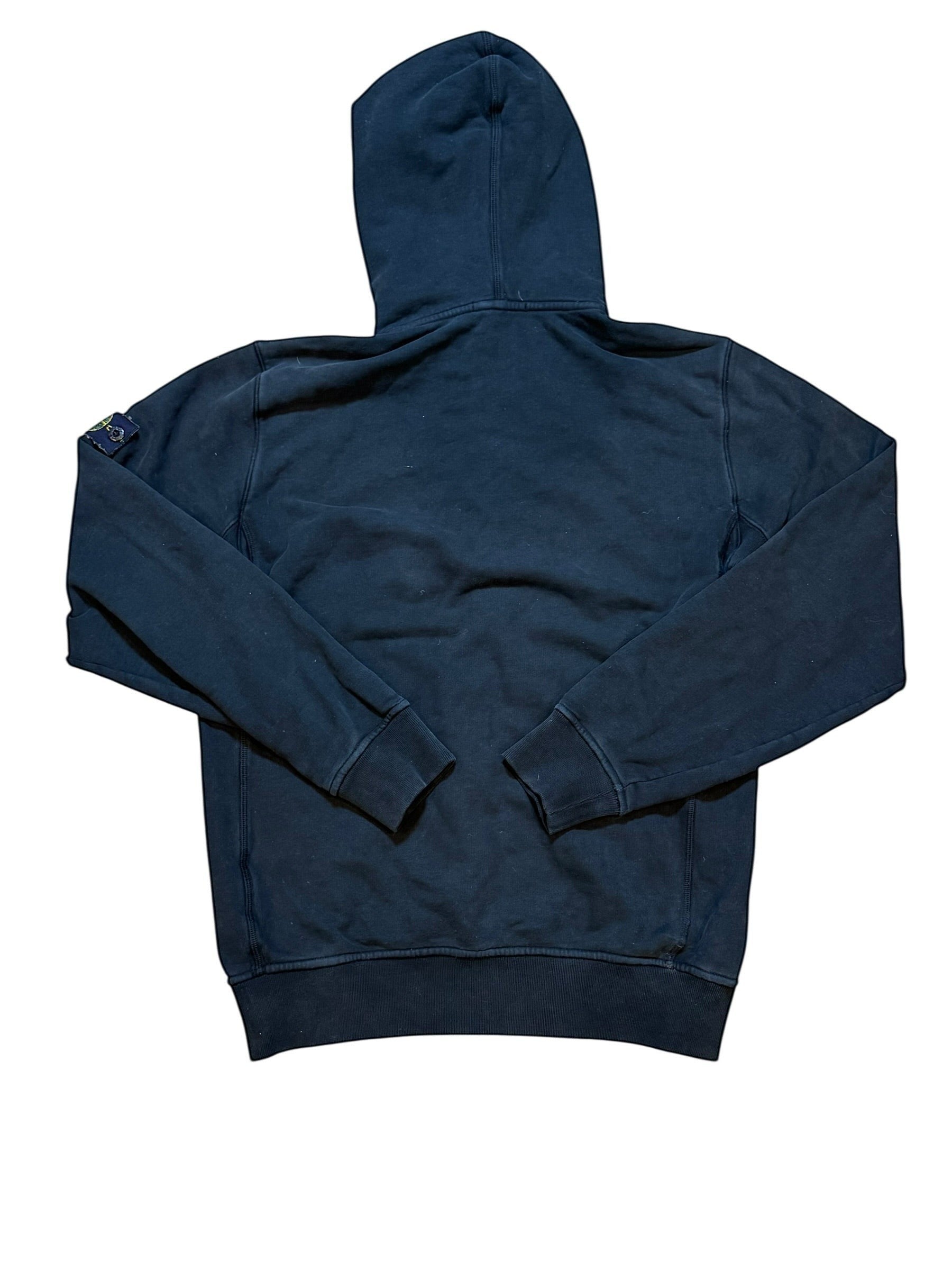 Archive No. 9 black cotton Stone Island hoodie with compass badge on arm, fleeced interior, size S.