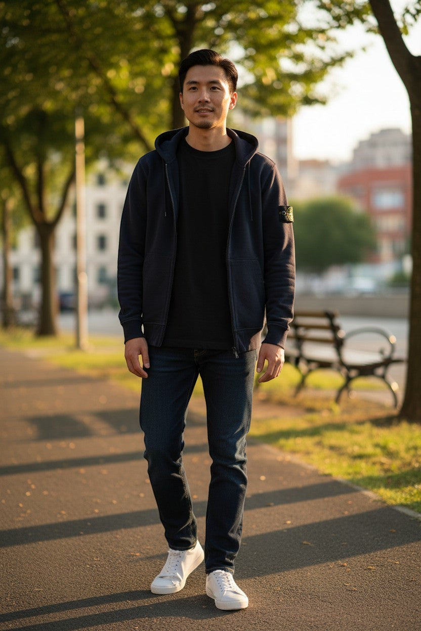 Archive No. 9 black zip-up hoodie with compass badge on arm, fleeced interior, size S.