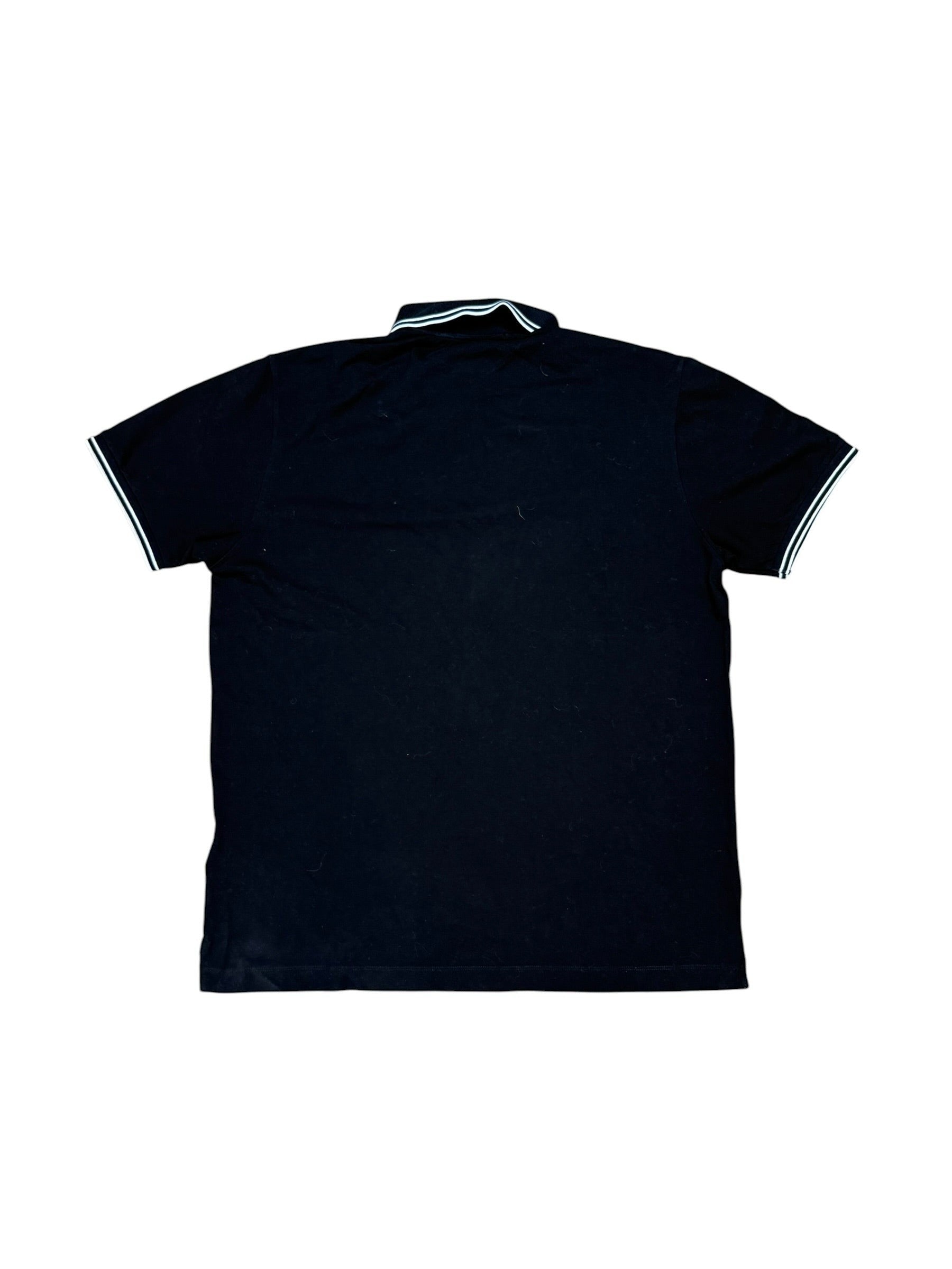 Archive No. 9 black 95% cotton Stone Island polo shirt with white trim on collar and sleeves, size XL.