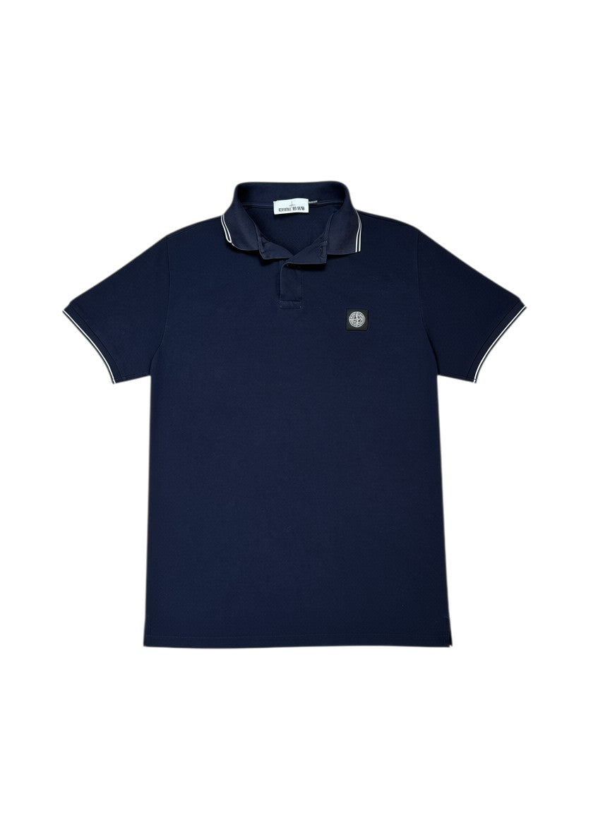 Archive No. 9 black 100% cotton Stone Island polo shirt with compass logo on chest and white trim on collar and sleeves, size XL.