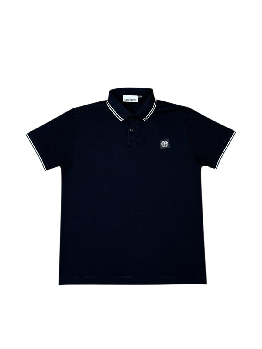 Archive No. 9 black cotton Stone Island polo shirt with white trim on collar and sleeves, and chest logo.