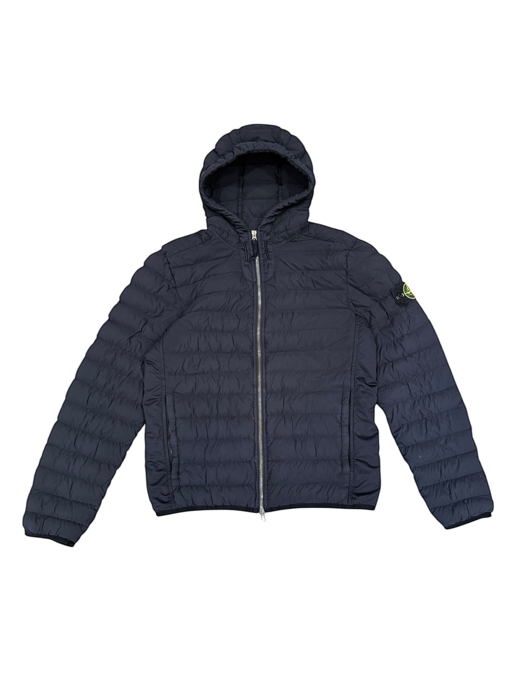 Archive No. 9 black Stone Island down-filled puffer jacket with hood, size Small. Lightweight with a small front repair.