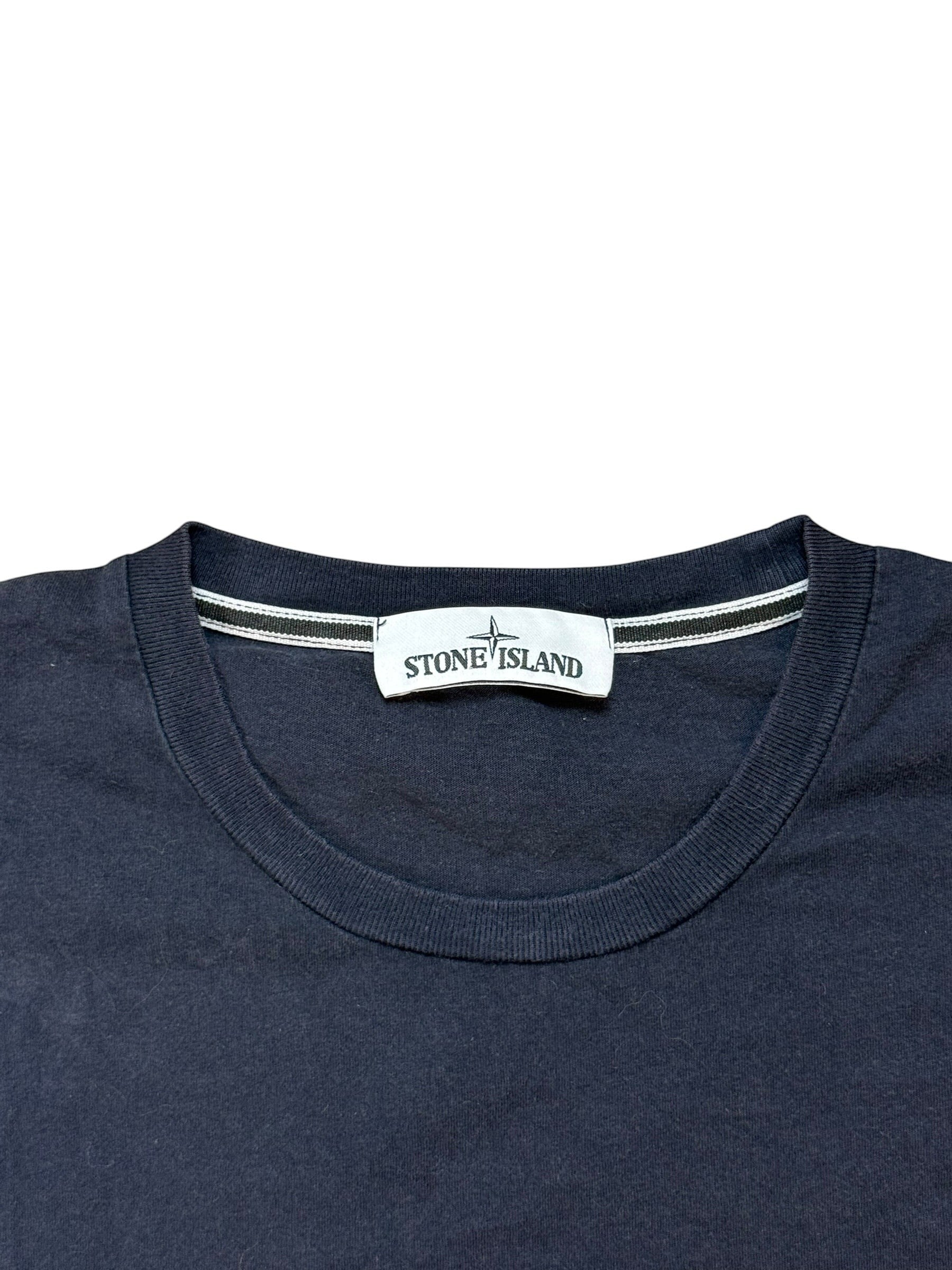 Archive No. 9 black 100% cotton Stone Island t-shirt with reflective spell out logo on the front, size L.
