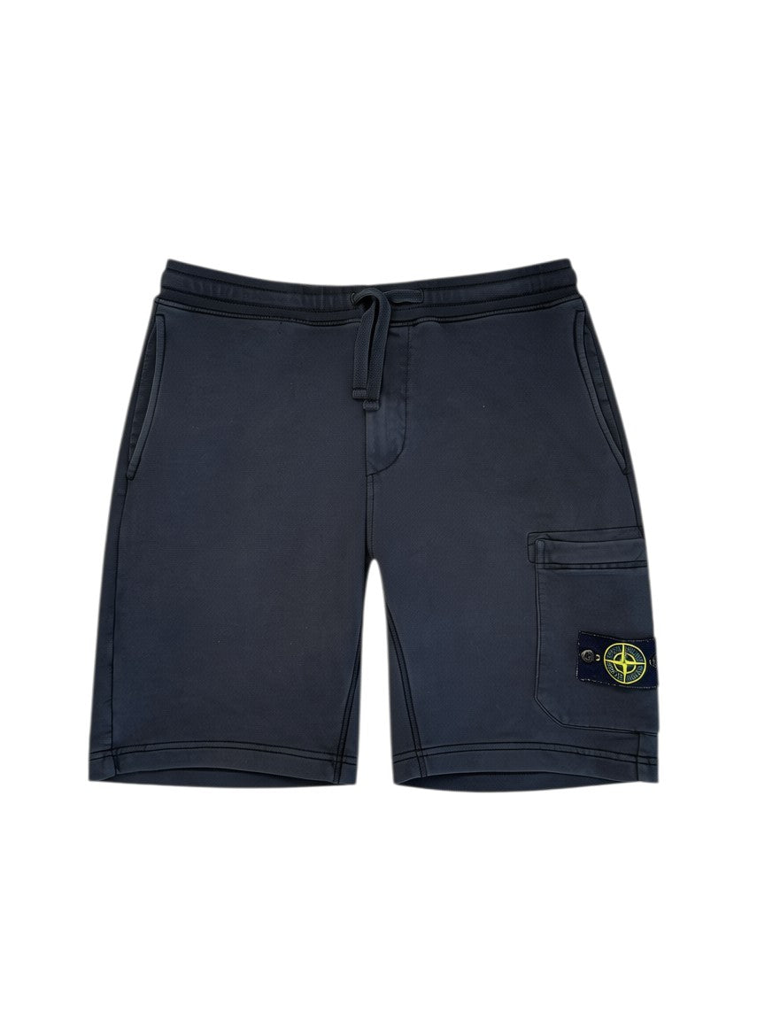 Archive No. 9 black 100% cotton Stone Island shorts with iconic compass badge and elasticated waistband, size L.