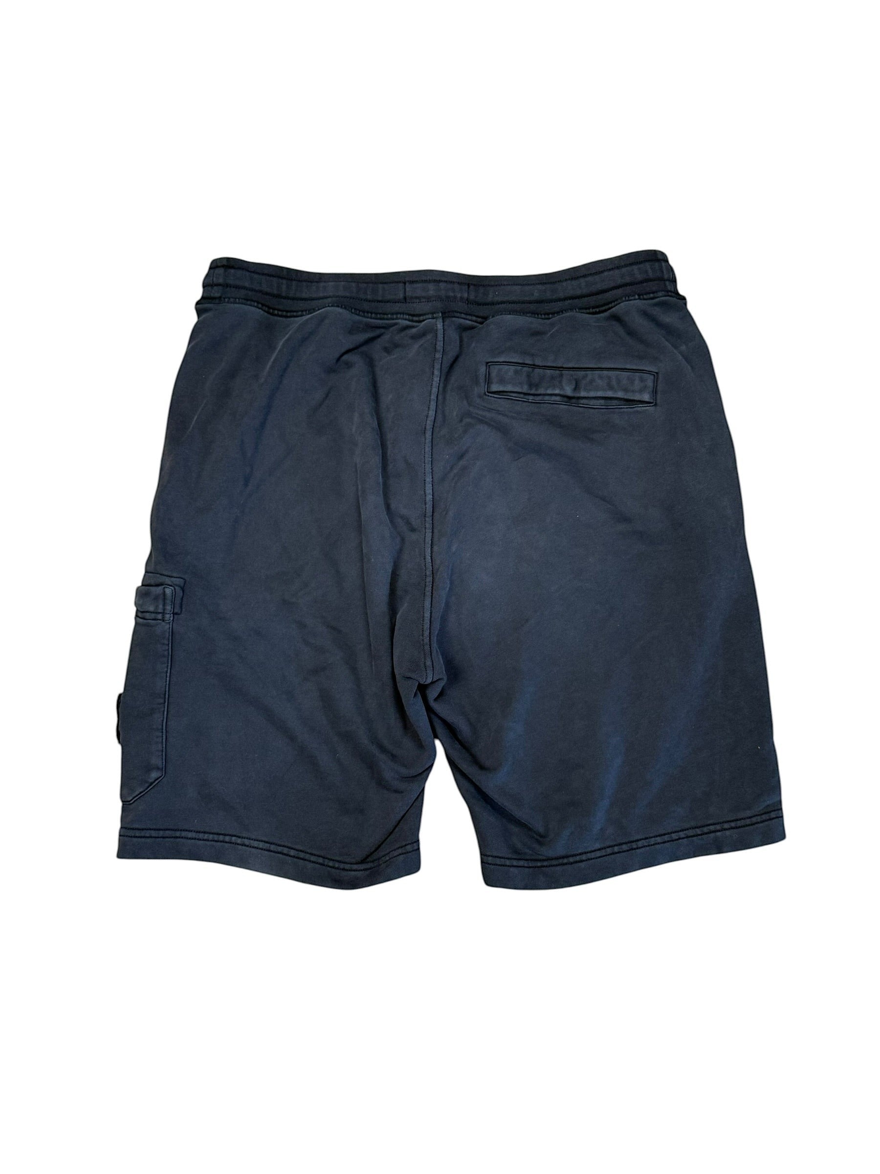 Archive No. 9 black 100% cotton Stone Island shorts with elasticated waistband and compass badge detail on leg, size L.