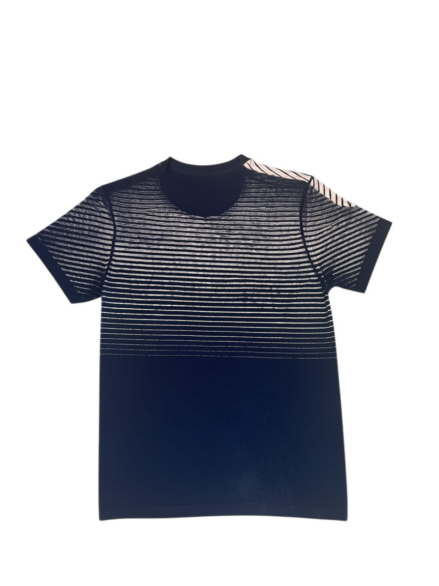 Archive No. 9 black 100% cotton Stone Island t-shirt with pink and black stripes and iconic spell out on the front. Size M.