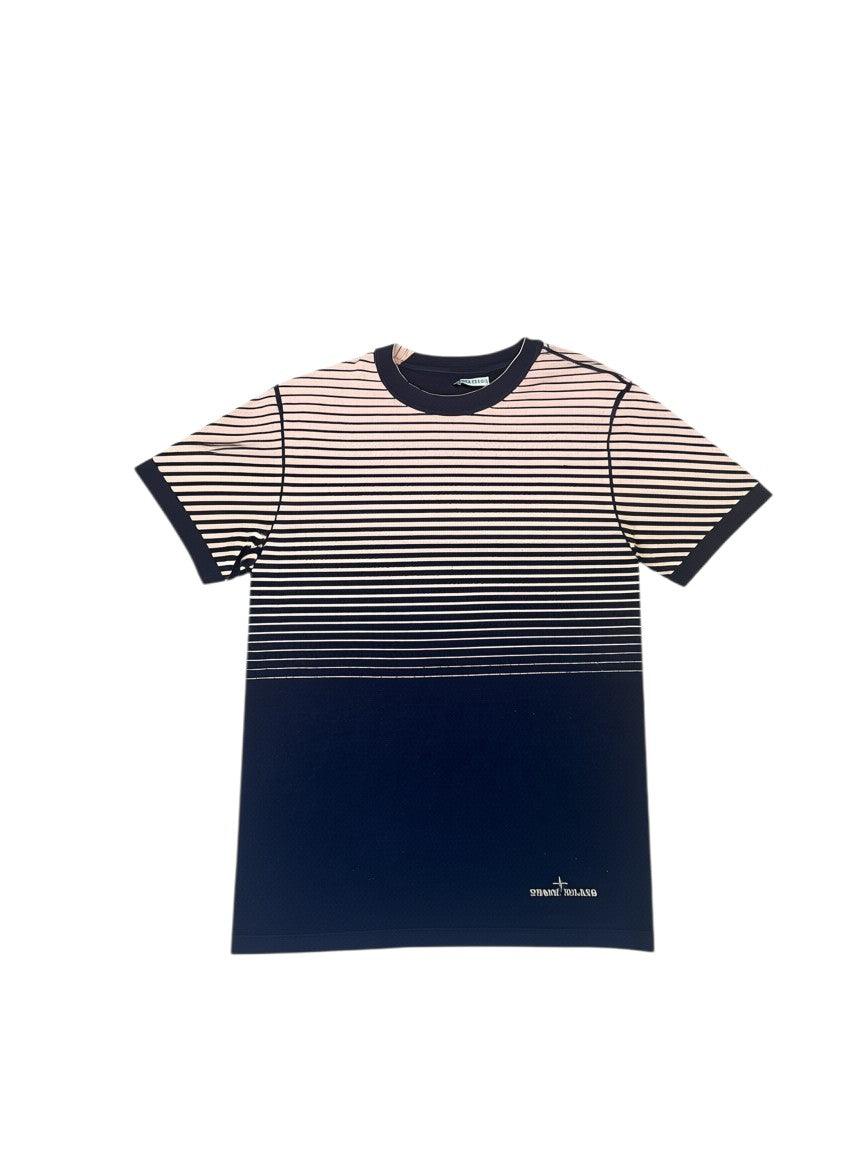 Archive No. 9 vintage black cotton t-shirt with pink and black horizontal stripes and Stone Island logo on front. Size M.