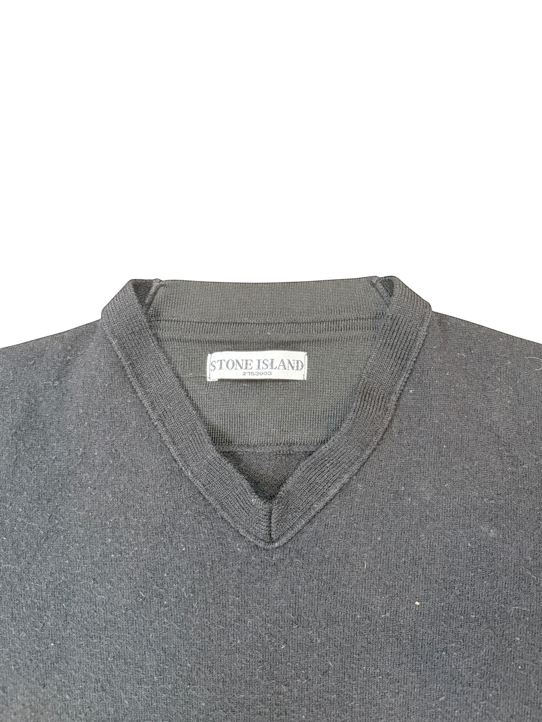 Archive No. 9 black 100% wool V-neck jumper with Stone Island badge on arm, size L.