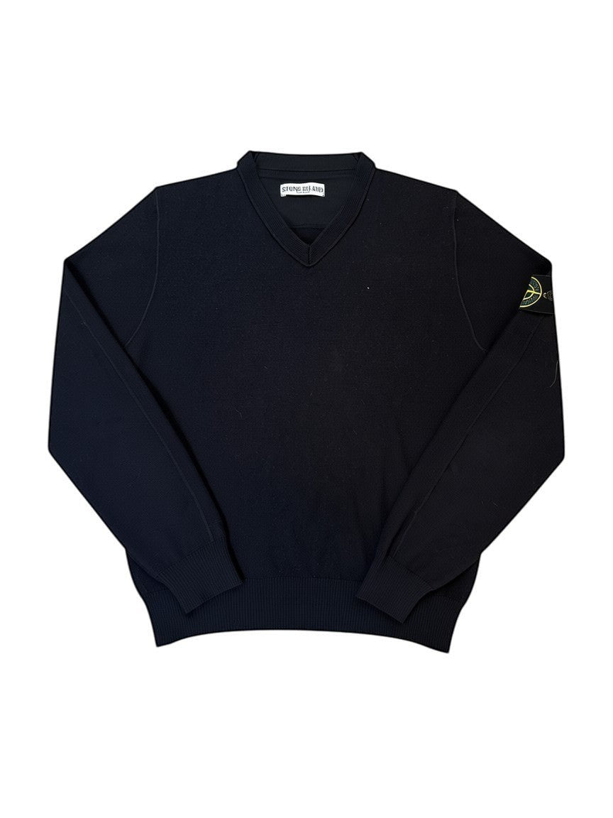 Archive No. 9 black 100% wool V-neck jumper with Stone Island compass badge on the sleeve, size L.