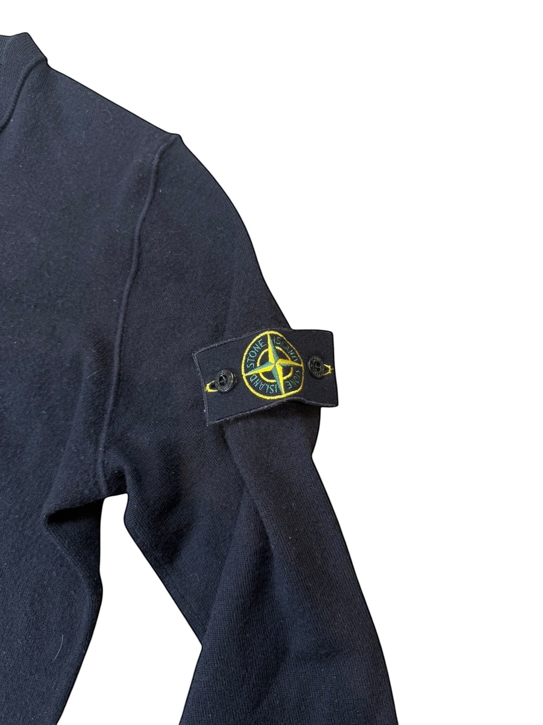 Archive No. 9 black 100% wool Stone Island jumper with iconic compass badge on the sleeve, size L.