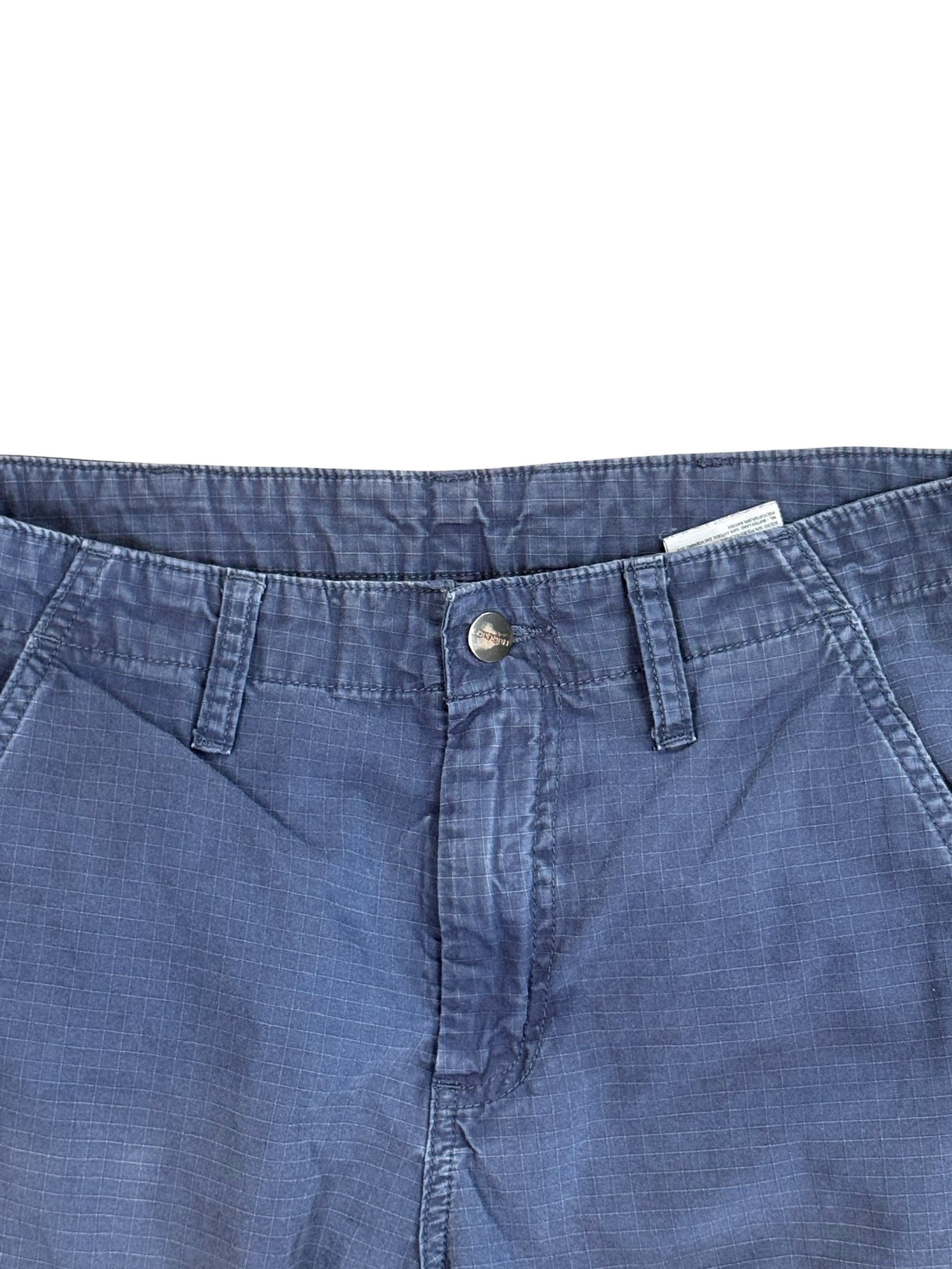 Archive No. 9 blue grid pattern cargo pants with button fly and multiple pockets, size W28