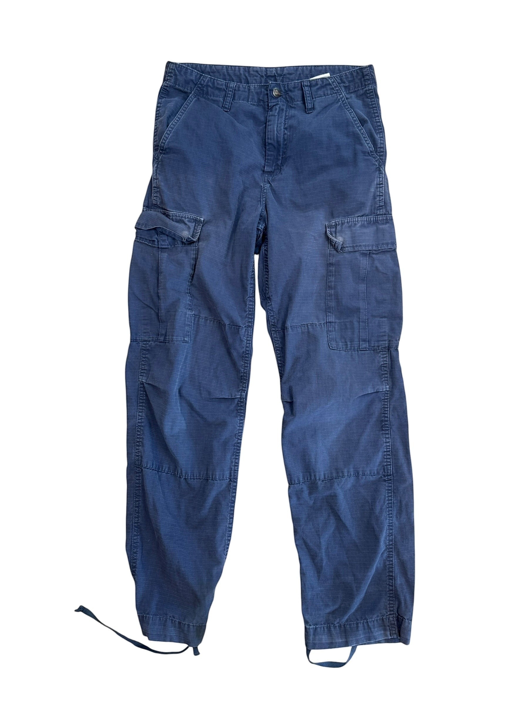 Archive No. 9 blue cotton cargo pants with multiple pockets and a straight fit, size W28.