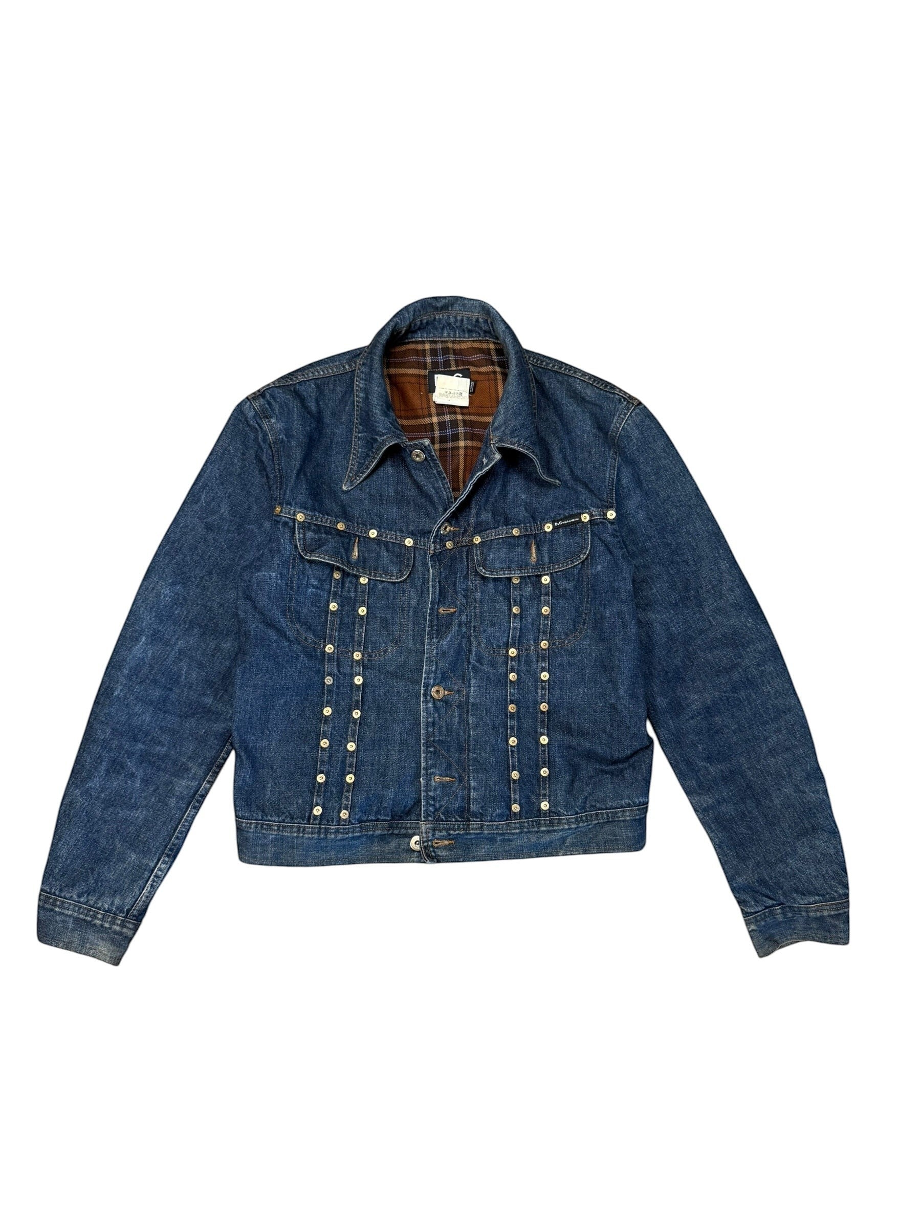 Archive No. 9 blue 100% cotton Dolce & Gabbana denim jacket with chequered interior and button-up closure, size M.