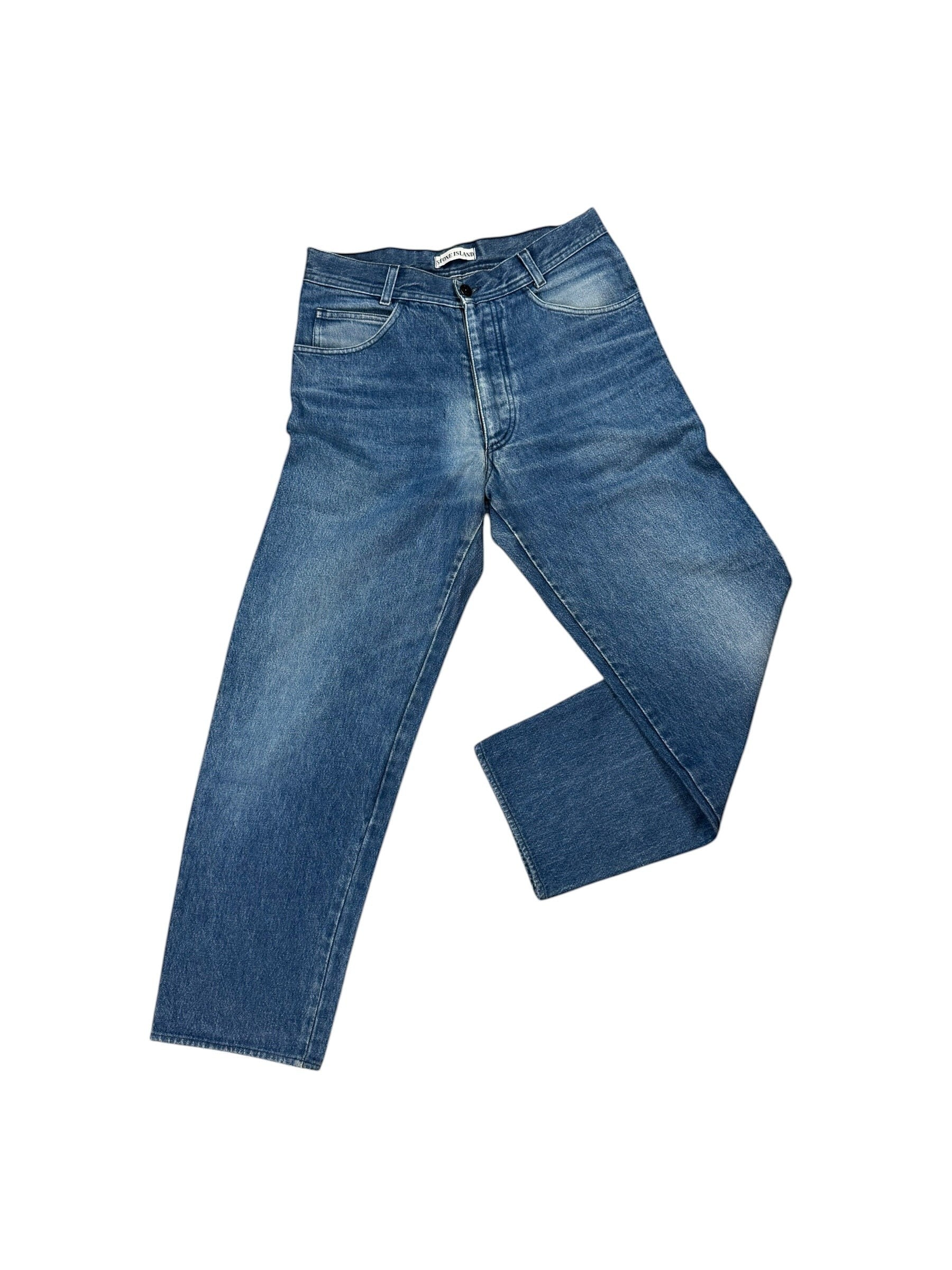 Archive No. 9 vintage blue denim jeans, W30, straight cut fit, made in Italy with green edge Stone Island badge on back pocket.