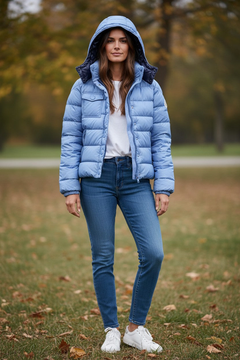 Archive No. 9 Women's blue down-filled puffer jacket with detachable hood, size Small.